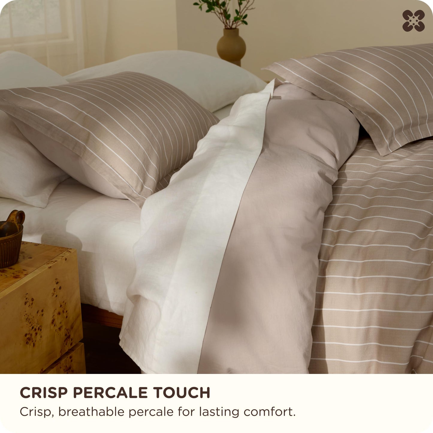 Bedsure Striped Duvet Cover Queen Size, 100% Washed Cotton PureWoven Duvet Cover Linen Like Textured, Classic Striped Pattern Enhances Bedroom Comfort and Style, Stripes Tan/White, 90"x90"