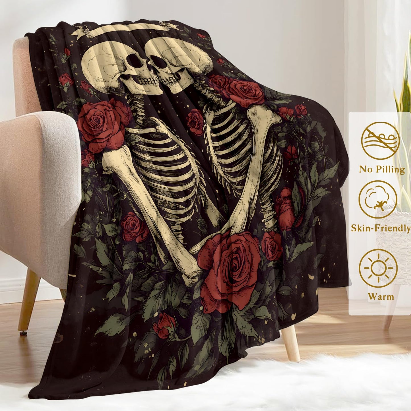ainori Skull Skeleton and Rose Flannel Blanket - Lightweight Soft Cozy Gifts Blankets for Horror Lovers, Men,Women,Gothic Romantic Dark Style Throw,Home Room Modern Halloween Decor 50x60in