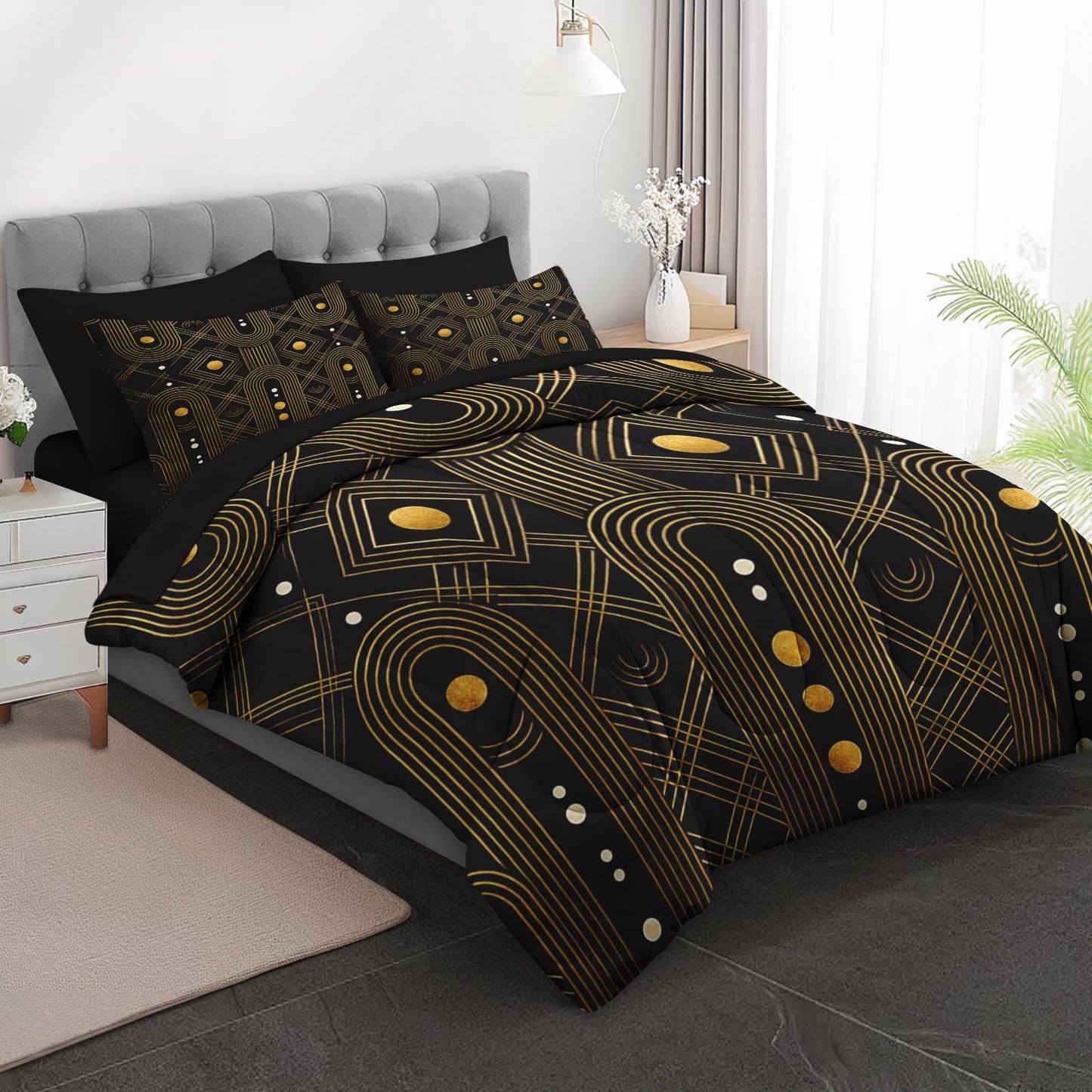 Boewywh Comforter Set Twin Size Geometric Gold Black 7 Pcs, Bedding for Kids and Adults, Retro Modern Bed Sheet Sets with Fitted Sheet 2 Pillowcases & 2 Shams for Bedroom Bed Decor