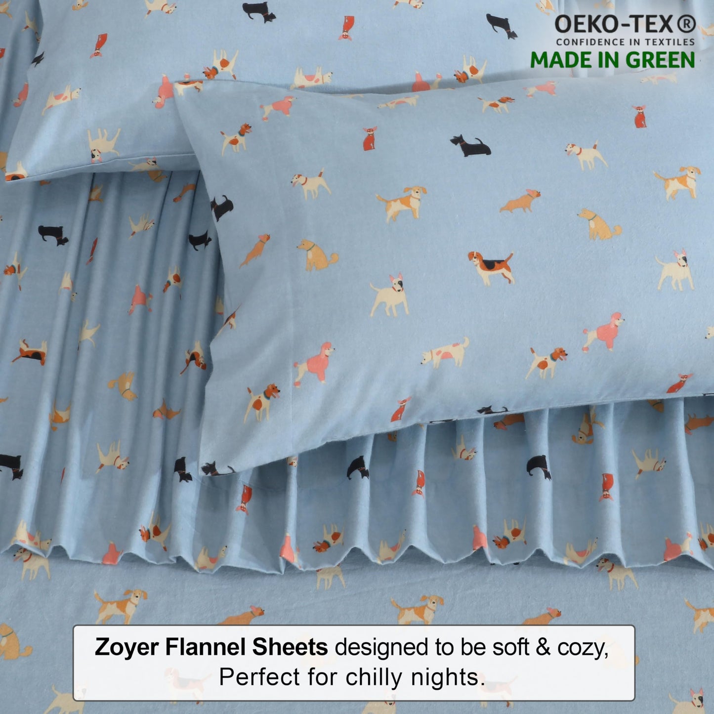 ZOYER Flannel Sheets Queen Size - 100% Cotton Double Brushed Bed Sheets, Deep Pockets 16 Inches Queen Sheet Set, All Seasons Breathable & Extra Soft - Warm & Cozy, 4 Piece, Puppy Pub