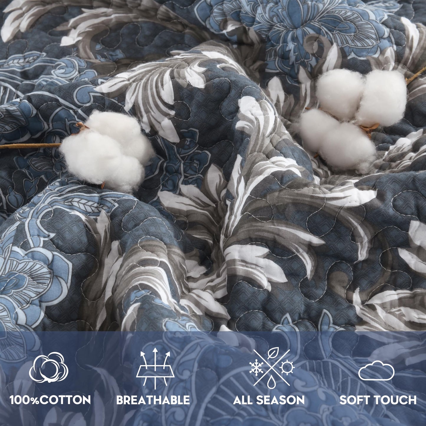 BCOTTOND King Size Quilt Set - Blue Gray and White Quilt Set King, 100% Cotton Floral Bedspread Set 3 Piece, Traditional Elegant Lightweight Comforter, Reversible Quilt Bedding Set for All Season