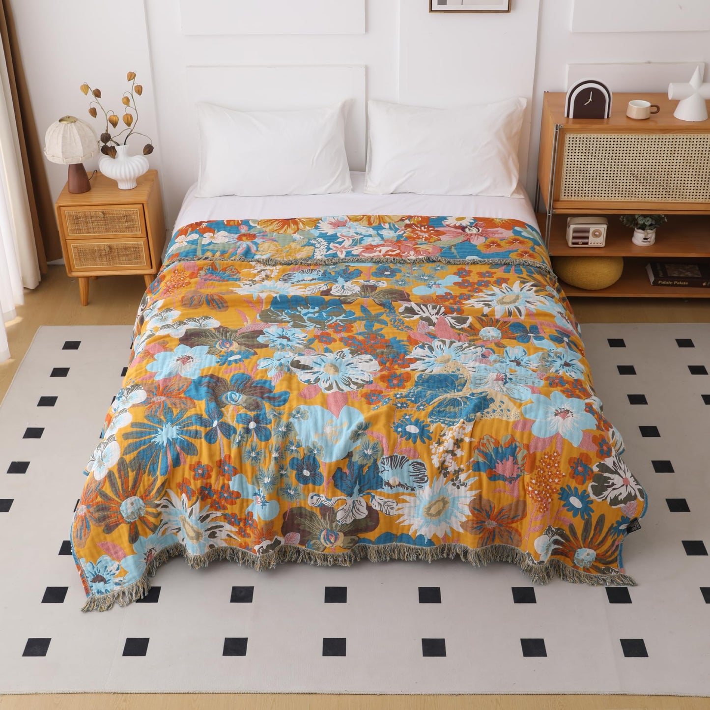 BRYALIX 100% Cotton Muslin Floral Throw Blanket, Butterfly Pattern, Lightweight Quilt, Boho Farmhouse Decorative Fringed Reversible Jacquard Throw for Home, Picnic, Travel, 60"x80"