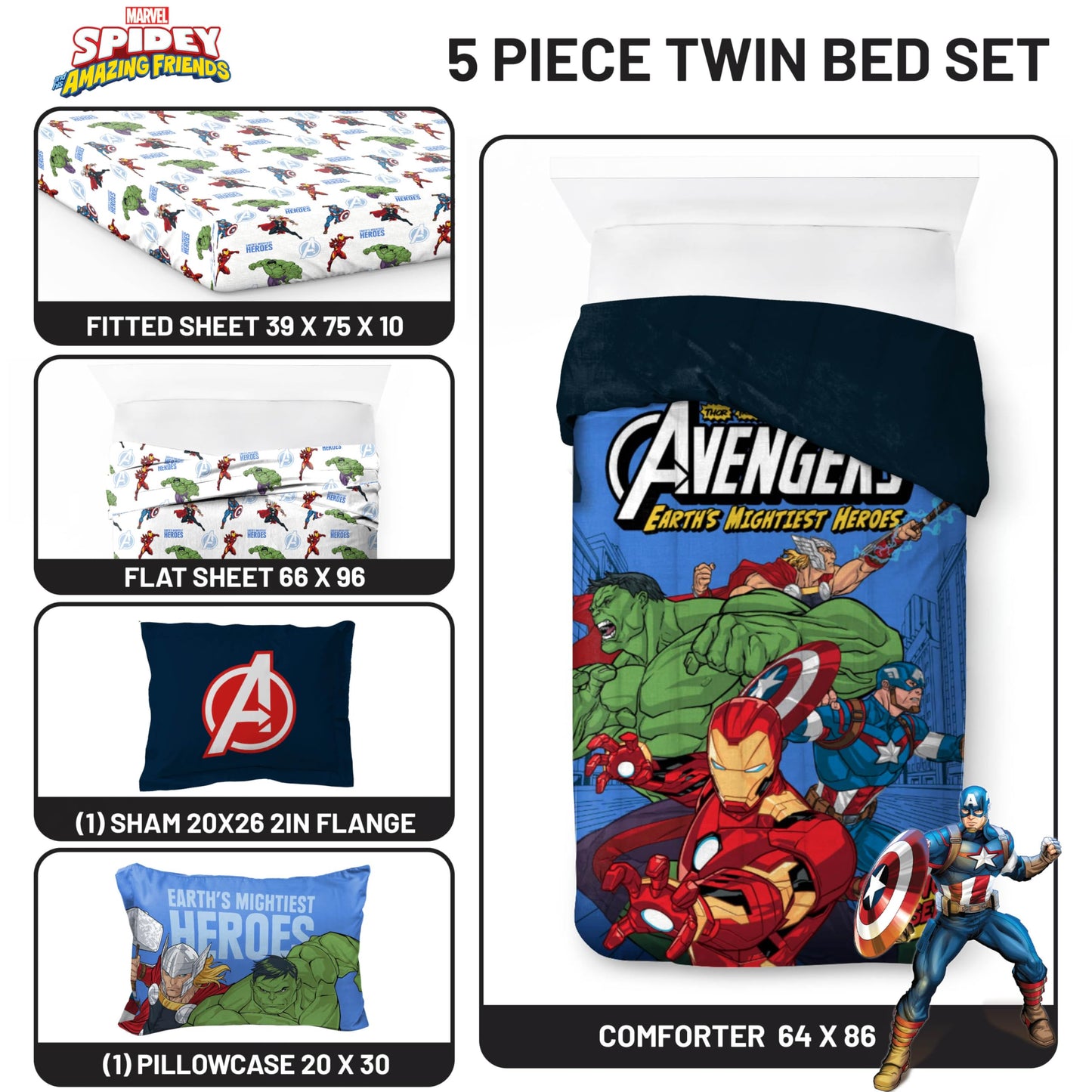 Jay Franco Kids Bed Set, Blue, Avengers, 5 Piece Twin
