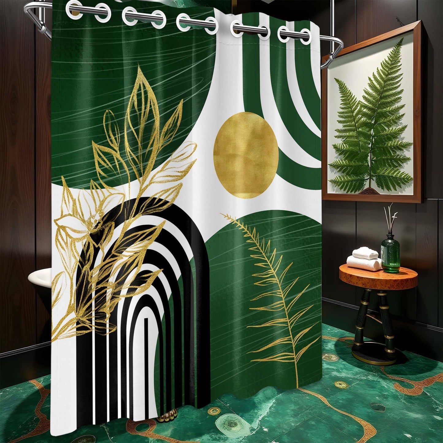 Bxpaitx Olive Green and Gold Hookless Shower Curtain with Snap in Liner Set, Bohemian Emerald Green No Hook Shower Curtains for Mid Century Modern Bathroom, Waterproof Cloth Fabric, 71x74 in