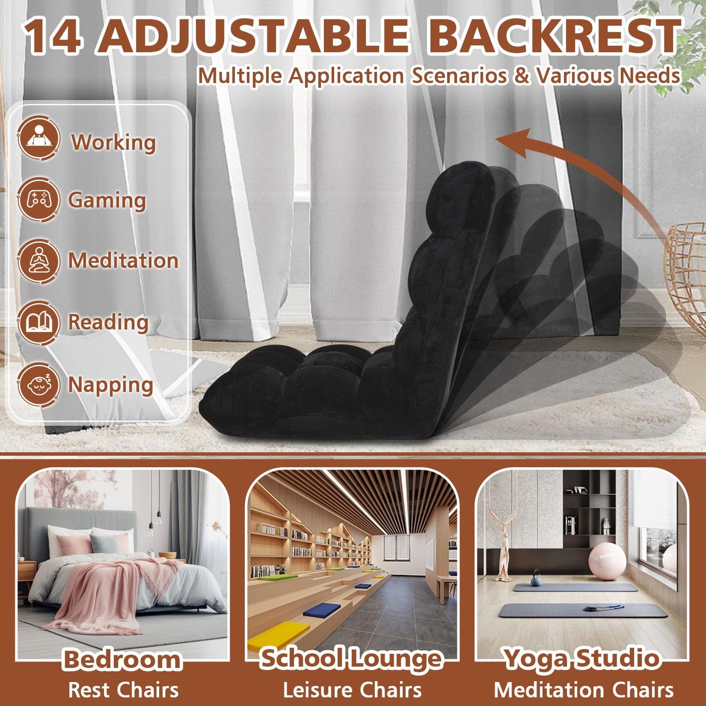 Buymoth Floor Chair 14 Adjustable Positions w/Back Support, Padded Lazy Sofa w/Breathable Cotton & Skin-Friendly Coral Velve for Reading Meditating Gaming,Black