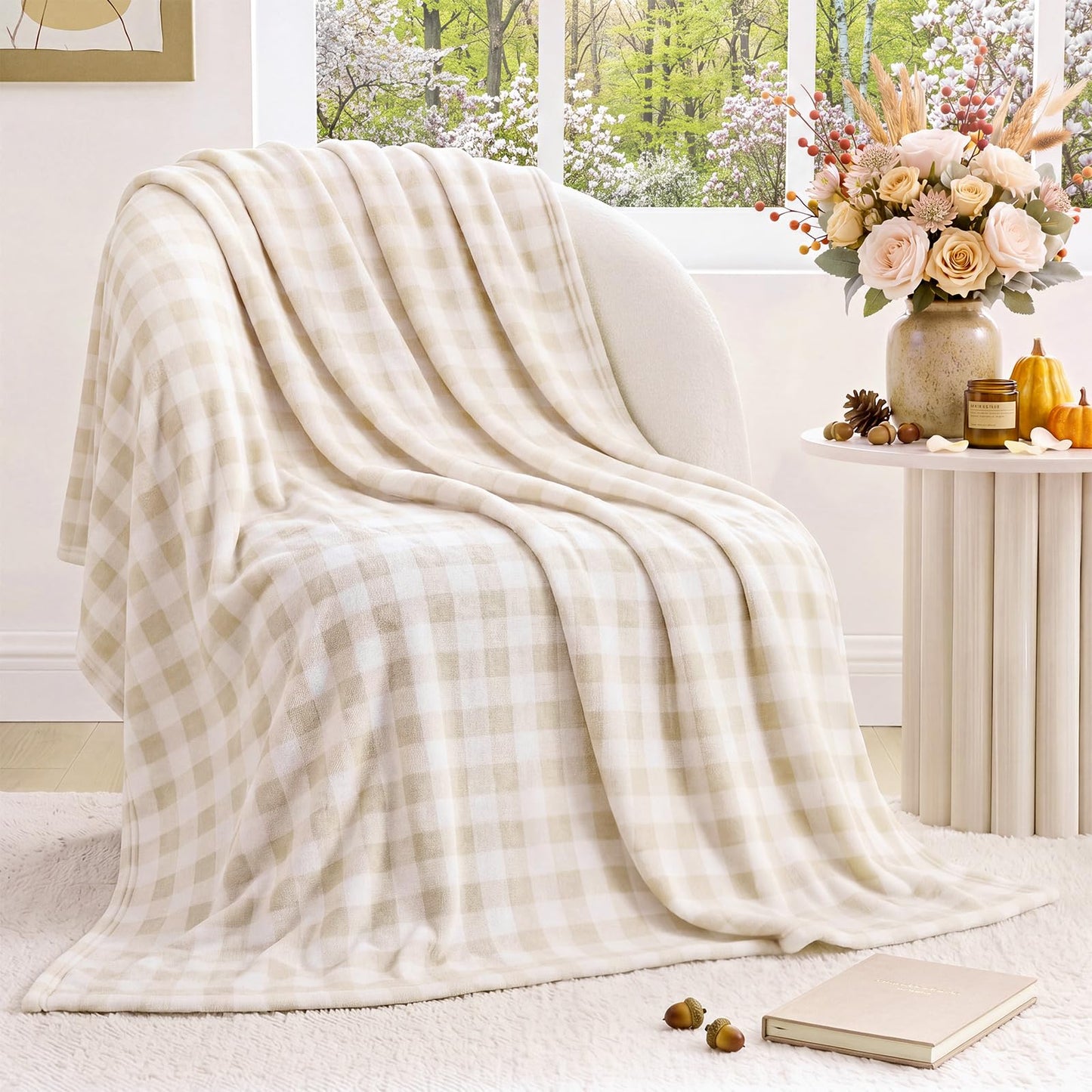 Fanfanwin Beige Gingham Throw Blanket for Couch, 50x60 Inch Checkered Plaid Flannel Blanket for Sofa Bed, Soft Cozy Throw for Farmhouse Boho Neutral Home Decor All Seasons Gift