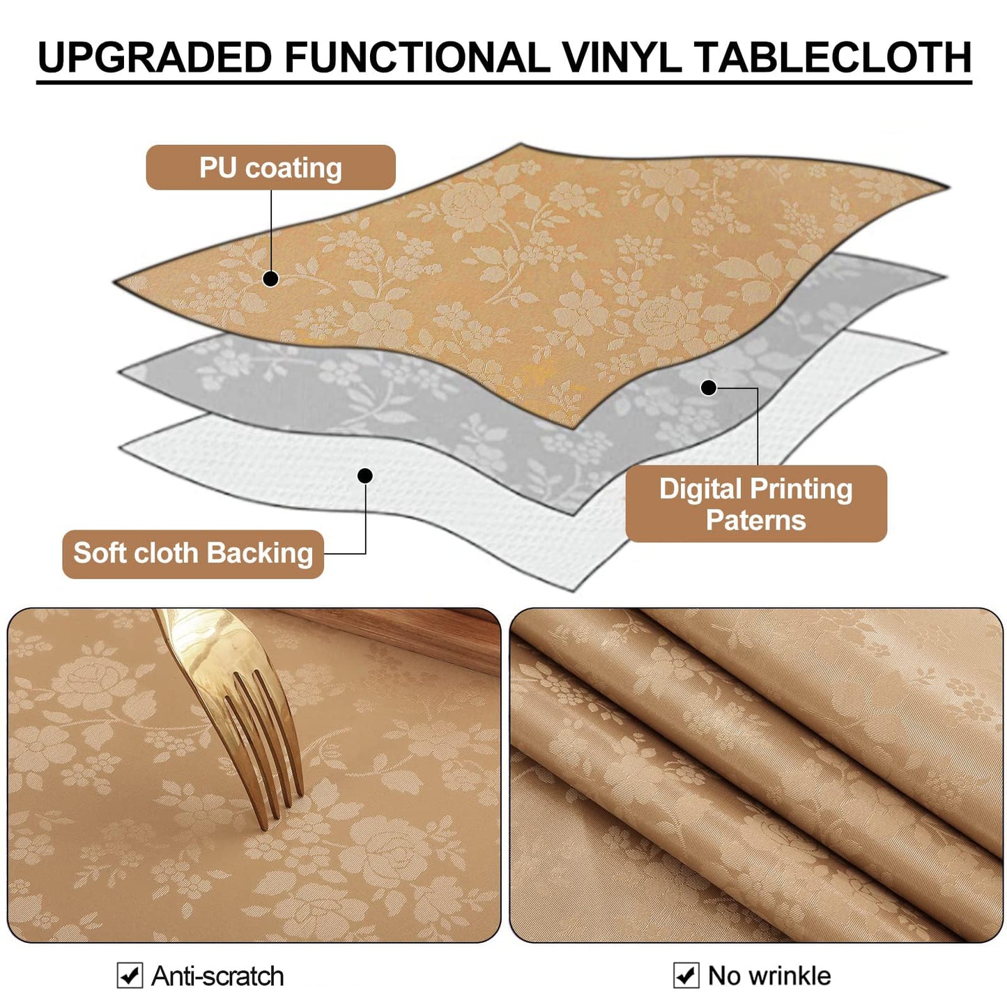Smiry Rectangle Table Cloth, Waterproof Heavy Duty Vinyl Tablecloths, Wipeable Washable Table Cover for Kitchen and Dining Room (Brown, 60" X 120")