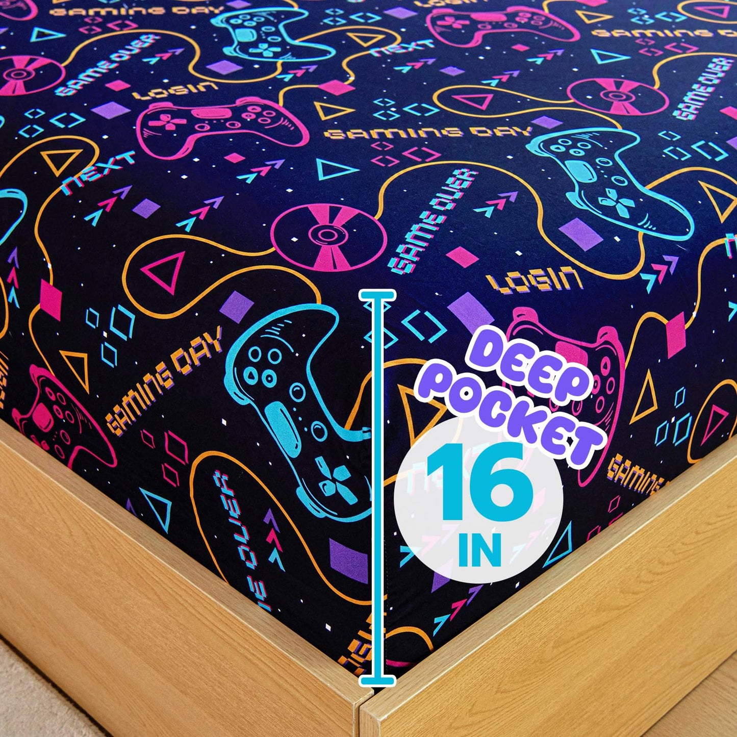 Homilay Full Sheet Set Kids - Gamepad 4 Pieces Soft Microfiber Cartoon Style Bedsheets for Boys Girls Teens, Oeko TEX Breathable 15 Inch Deep Pocket Sheets(Video Games)