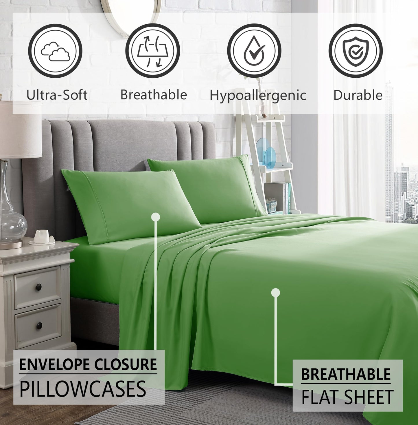 American Home Collection Full Size Sheet Set - Ultra-Soft Microfiber 15-Inch Deep Pocket - Wrinkle Free and Fade Resistant (Lime Green)