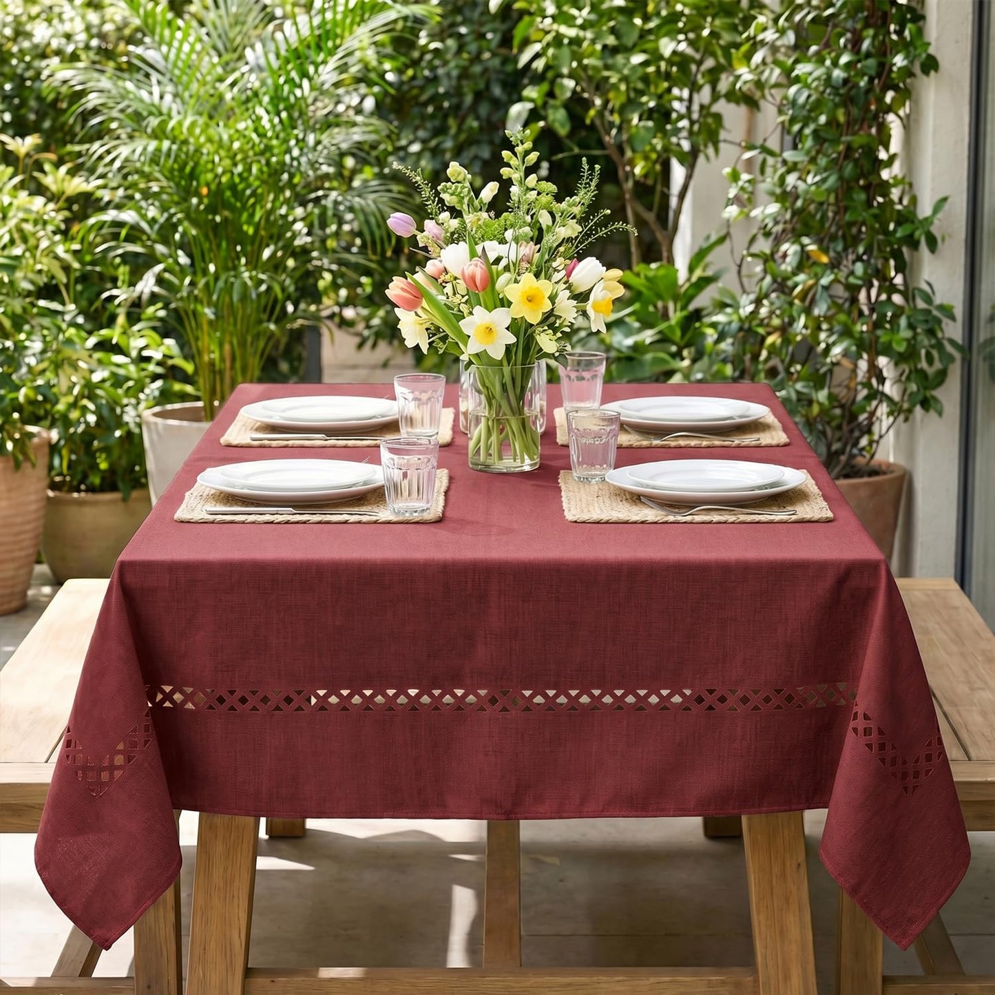 Horaldaily Red Farmhouse Style Tablecloth with Decorative Cutouts, 60×104 Inch Rectangular Polyester Table Cloth, Wrinkle Resistant Washable Table Cover for Dining Wedding and Outdoor