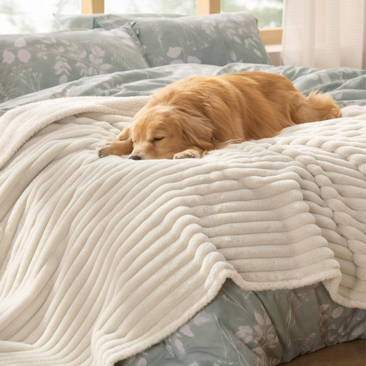 Bedsure ComfyFleece™ Waterproof Dog Blankets for Large Dogs - Soft Pet Cat Blanket Corduroy Fleece for Bed Protector Washable, Cozy Calming Reversible Furniture Protection,60"x80", Cream