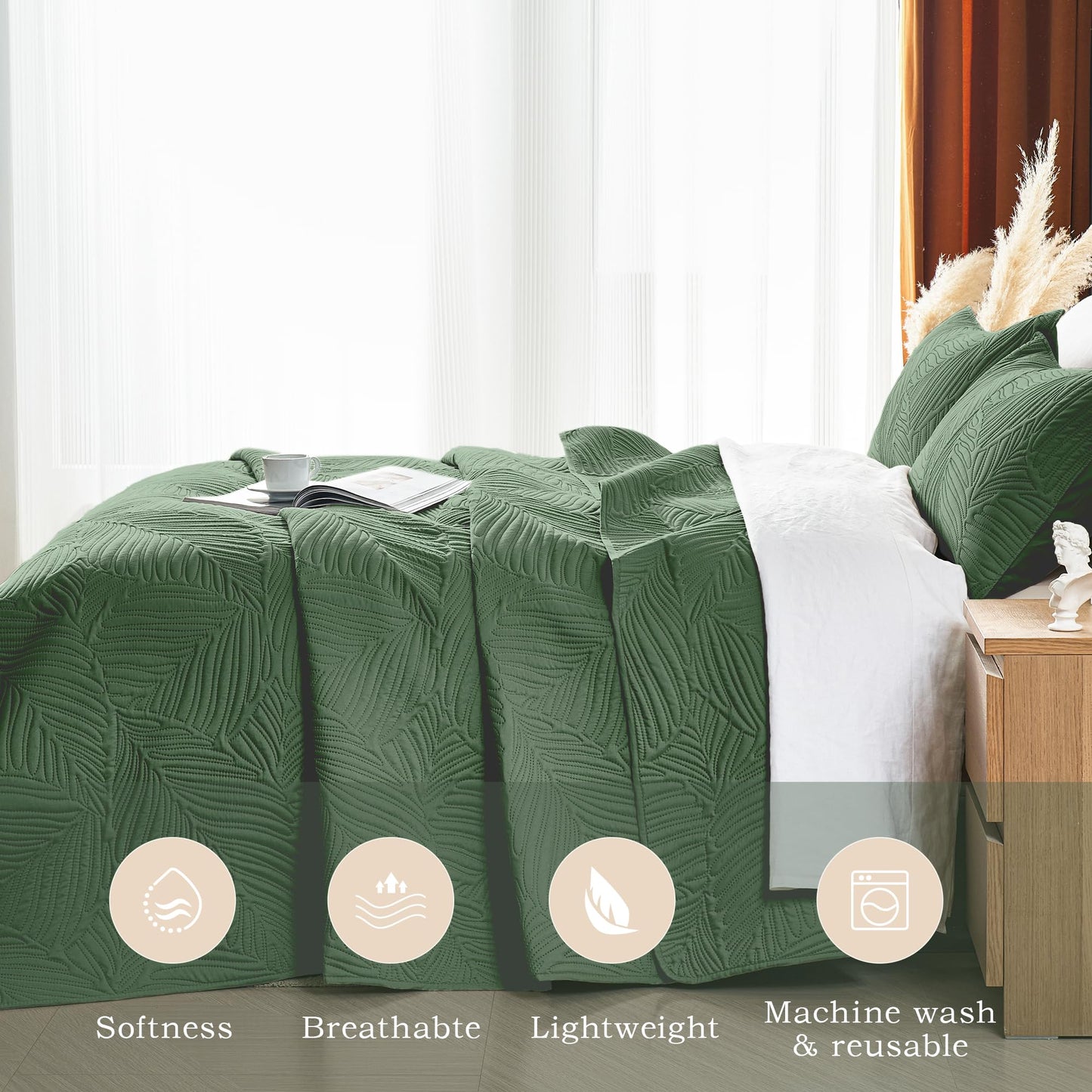 OARAGE Queen Quilt Bedding Set Soft Lightweight Olive Green Bedspread with Leaf Pattern,Ultrasonic Microfiber Bed Coverlet Full Size for All Season (1 Quilt, 2 Shams)
