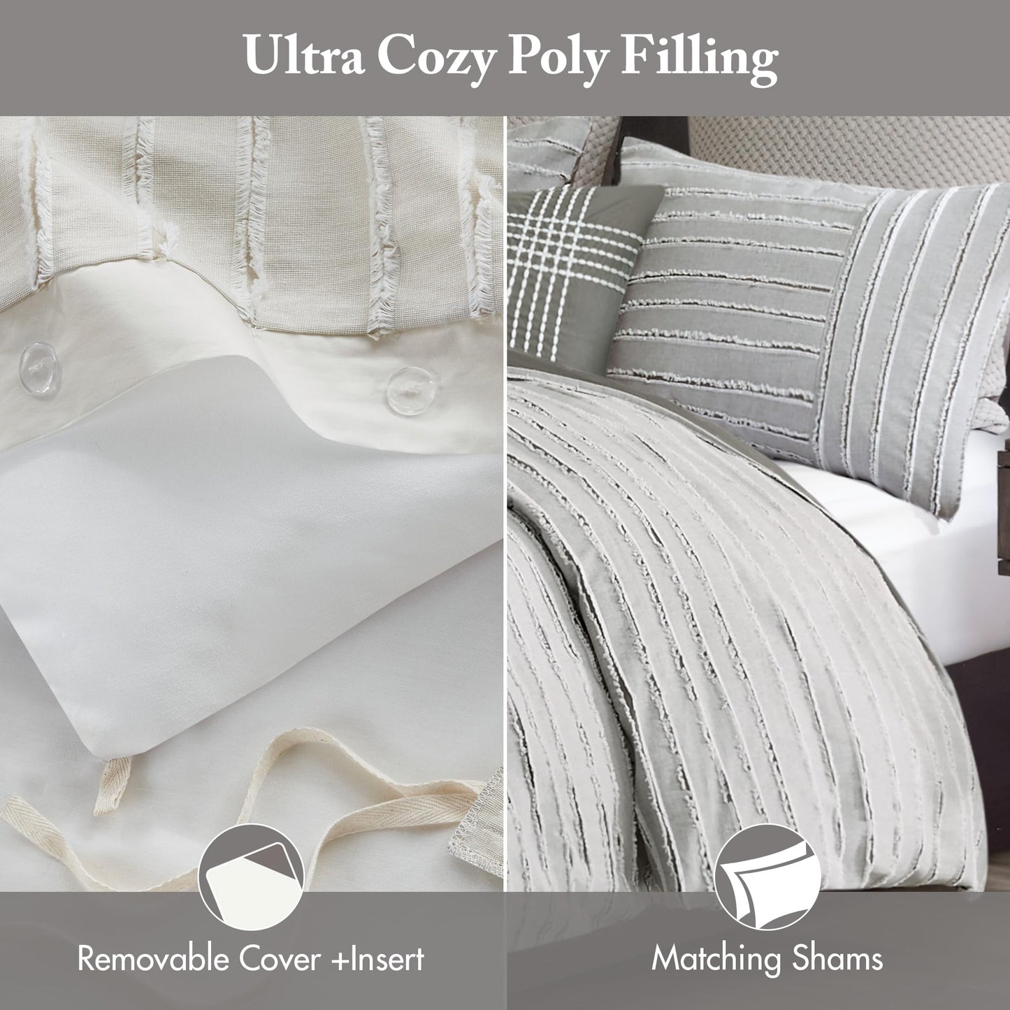 Madison Park King Comforter Set, Removable 100% Cotton Duvet Cover King Size with Insert, Farmhouse Bedding, Textured Stripe Clipped Jacquard Accent, King, Grey 9 Piece