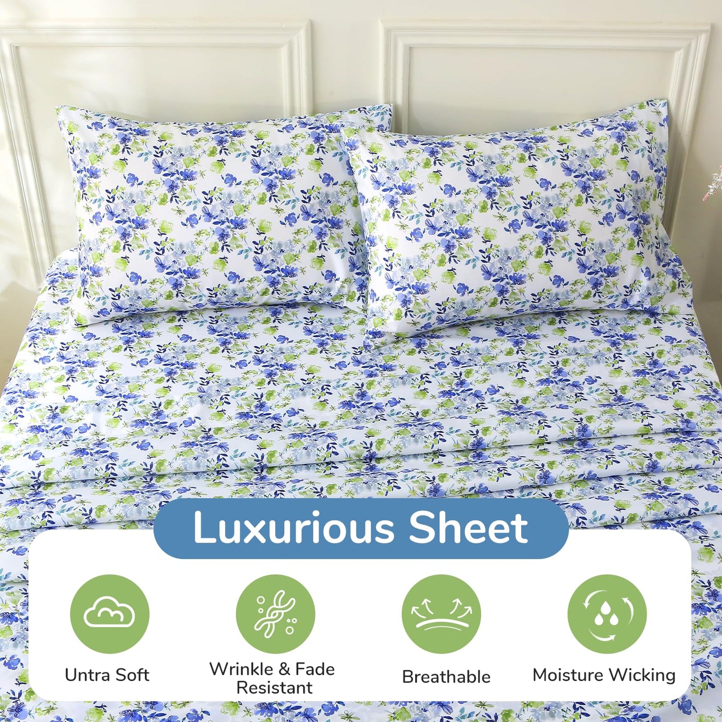 MUXHOMO Queen Size 4 Piece Sheet Set, Soft & Breathable Sheet for Bedroom with Deep Pocket Up to 16", Wrinkle-Free & Cooling Bed Sheet with Flat Sheet, Fitted Sheet & Pillowcases - Aqua Bloom