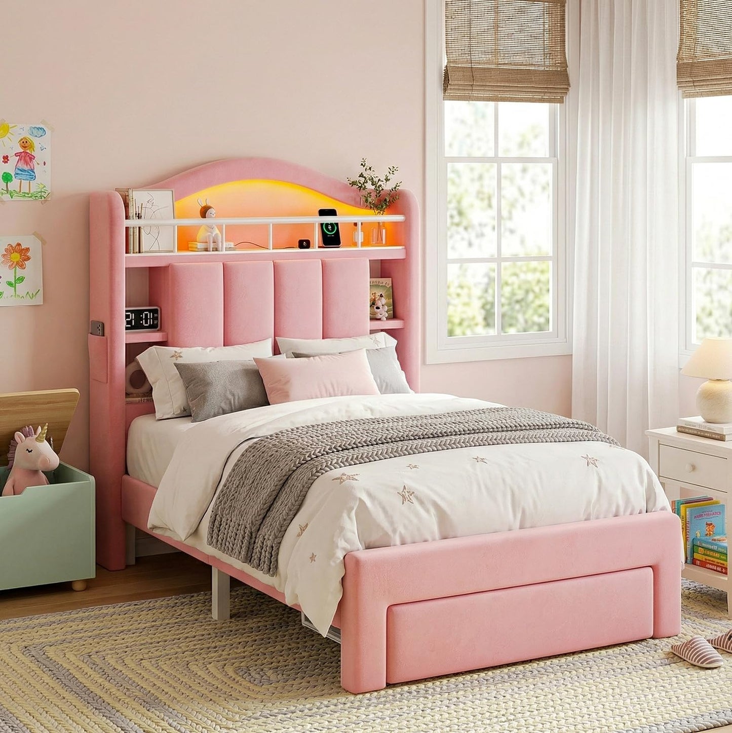 Pink Twin Size LED Bed Frame with Storage Headboard, Upholstered Velvet Princess Bed for Girls with 5 Charging Ports (USB-C & AC), Hidden Privacy Compartment, Sturdy Aluminum Frame & 1 Silent Drawers
