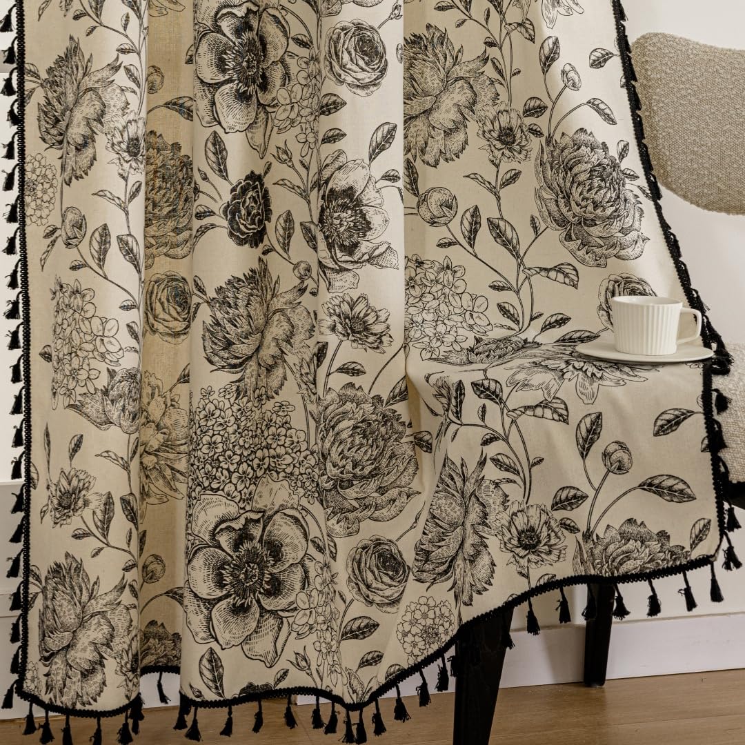 F-CHU Black Floral Farmhouse Curtains Living Room Drapes 84 Inch Length Cotton Linen Boho Window Curtain with Tassel Rod Pocket Bedroom Macrame Drapes Flower Curtains, 2 Panel