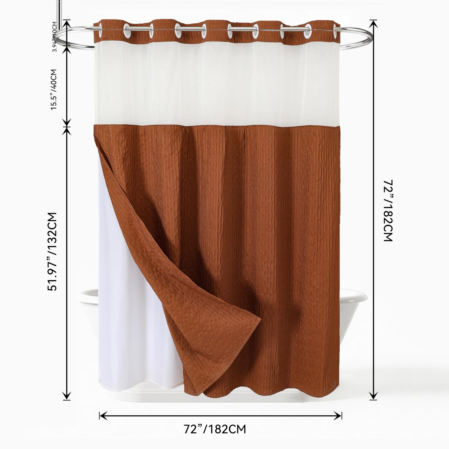 HONCO DIRECT Caramel Ruffle Shower Curtain with Crumpled Texture & Snap -in Liner - No Hooks Required Bathroom Luxury Decor, 72"x72" Waterproof Fabric with Privacy Top Window