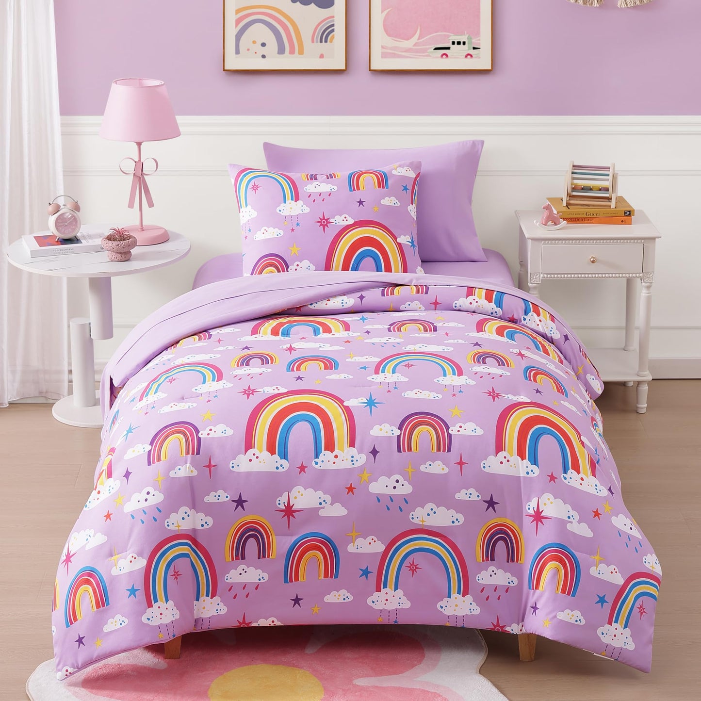 Kaleido Space Twin Kids Comforter Set - 5 Pieces Twin Bedding Sets for Girls Teen, Glow in The Dark Purple Rainbow Bed in A Bag with Sheets