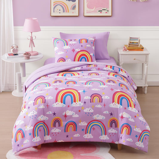 Kaleido Space Twin Kids Comforter Set - 5 Pieces Twin Bedding Sets for Girls Teen, Glow in The Dark Purple Rainbow Bed in A Bag with Sheets