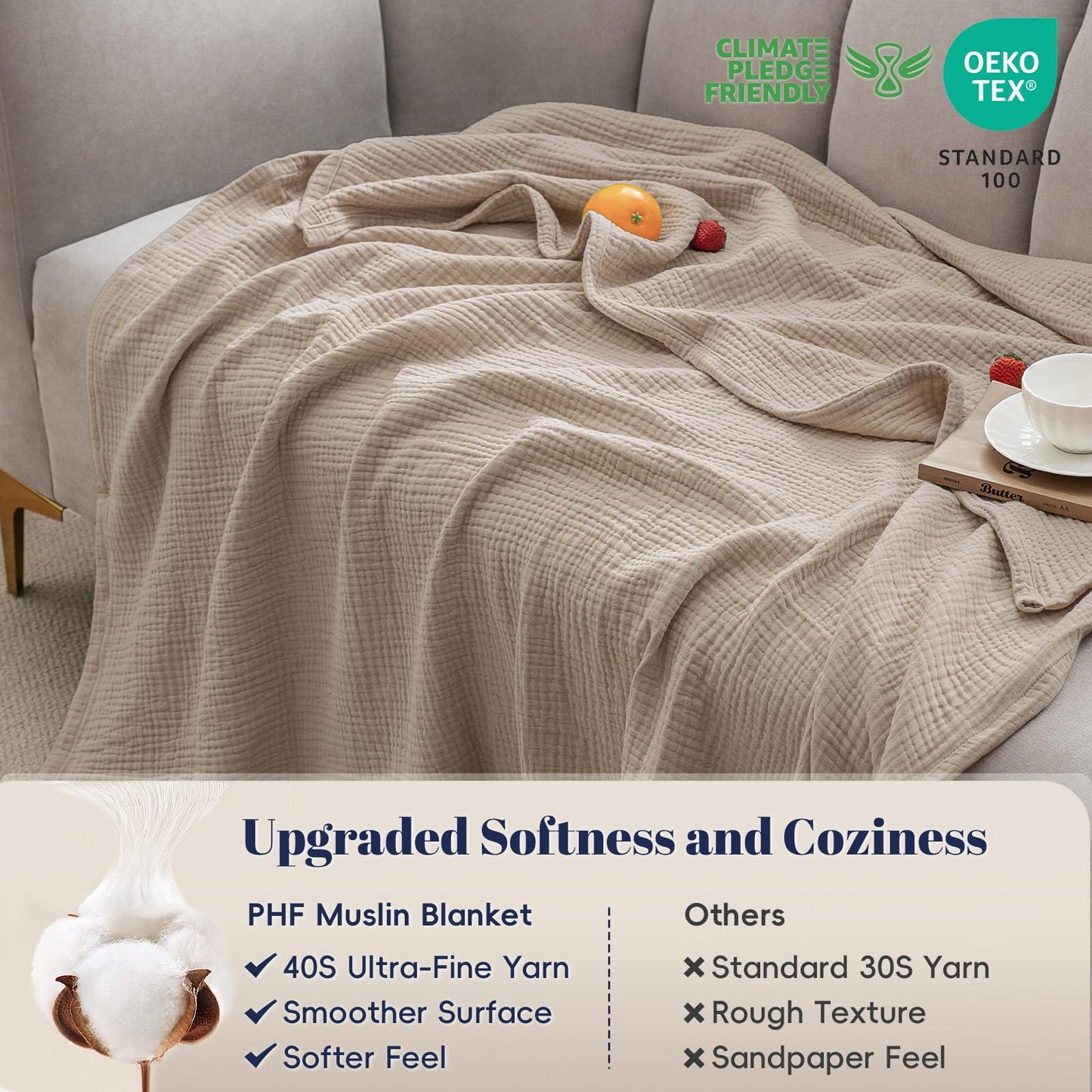 PHF 100% Cotton Muslin Throw Blanket 50" x 60", 4-Layer Lightweight Gauze Throw, Breathable Cloud-Soft Minimalist Blanket for Bed, Couch, Camping, Taupe, Ideal Gift