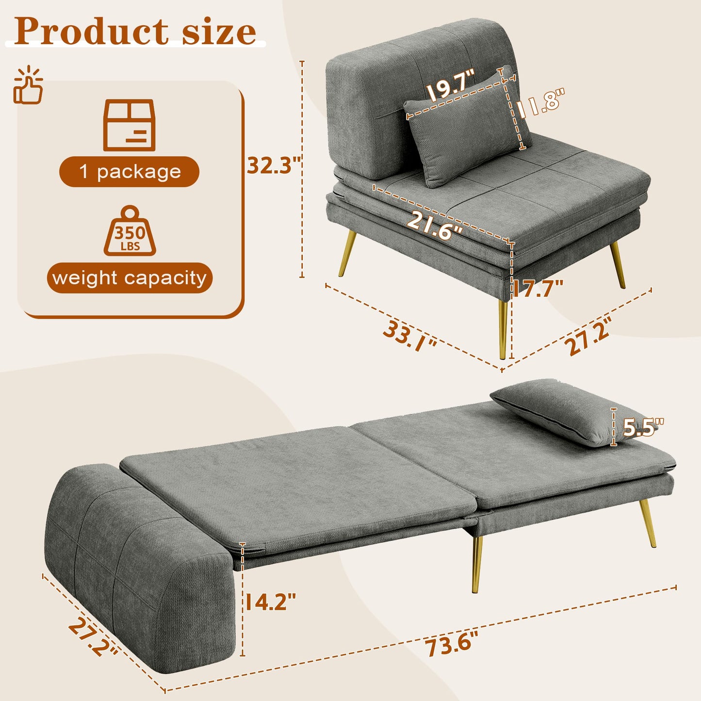 wanan Sleeper Chair, 3-in-1 Chair Bed Sleeper for Adults, Futon Sofa Bed with Back Support & Pillow, Solid Wood Frame & Sturdy Metal Legs for Living Room, Bedroom, Gray