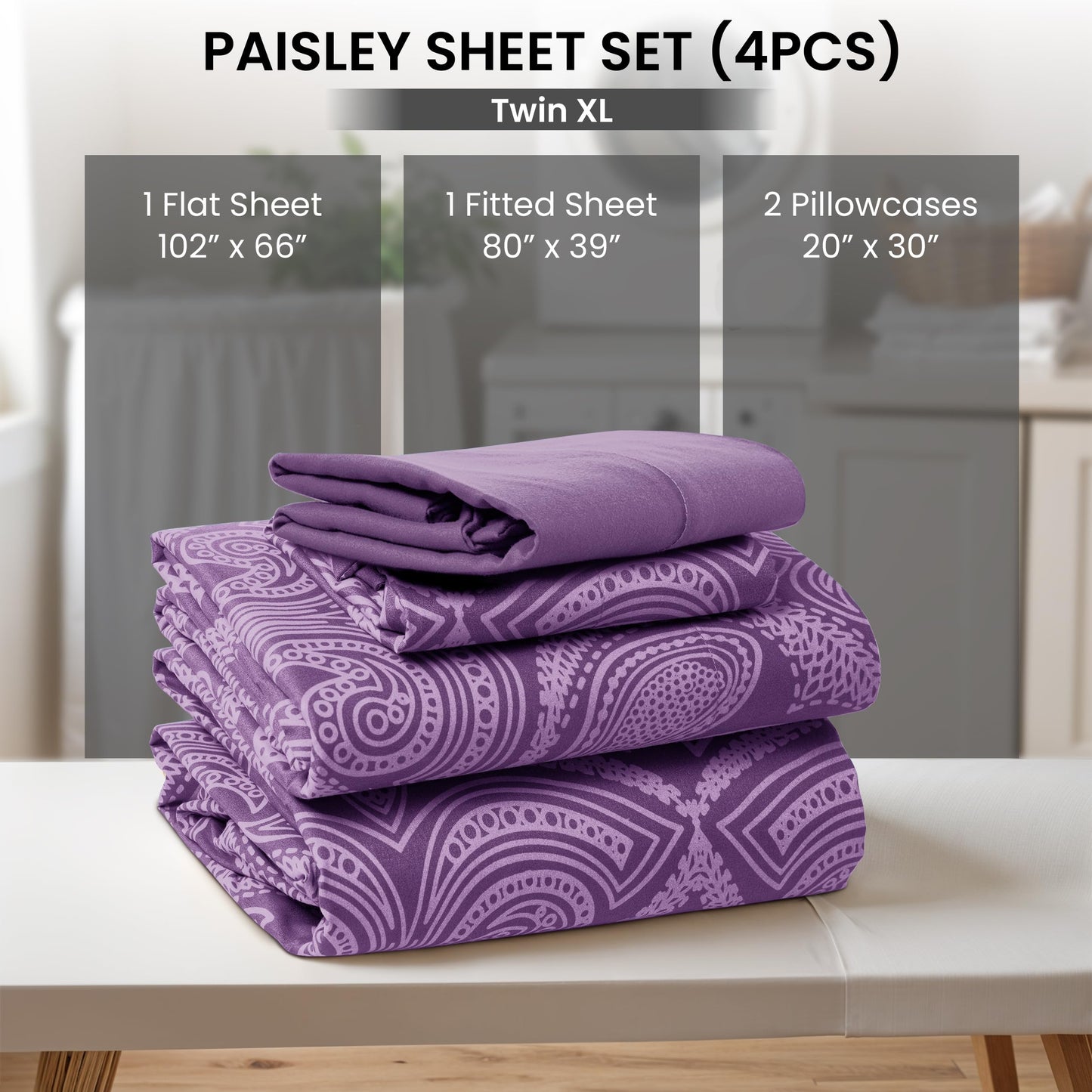 Ultra Soft Wrinkle-Free Microfiber Paisley Twin XL Sheet Set, Cute Floral Pattern Boho Print – 16" Deep Pocket Fitted Sheet, Flat Sheet & 2 Pillowcases, Breathable, OEKO-TEX - Purple