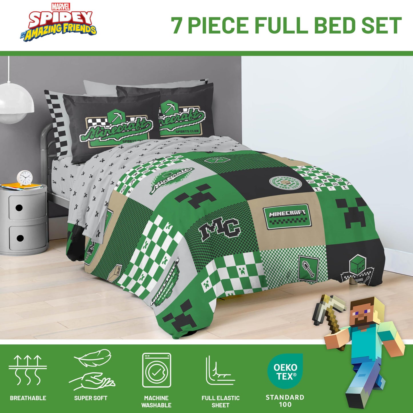 Jay Franco Kids Comforter Set Includes Sheets and Pillow Covers - Soft and Cozy Bed Set for Stylish Room Decor, Official Licensed Bedding, Multi - Minecraft, 7 Piece Full