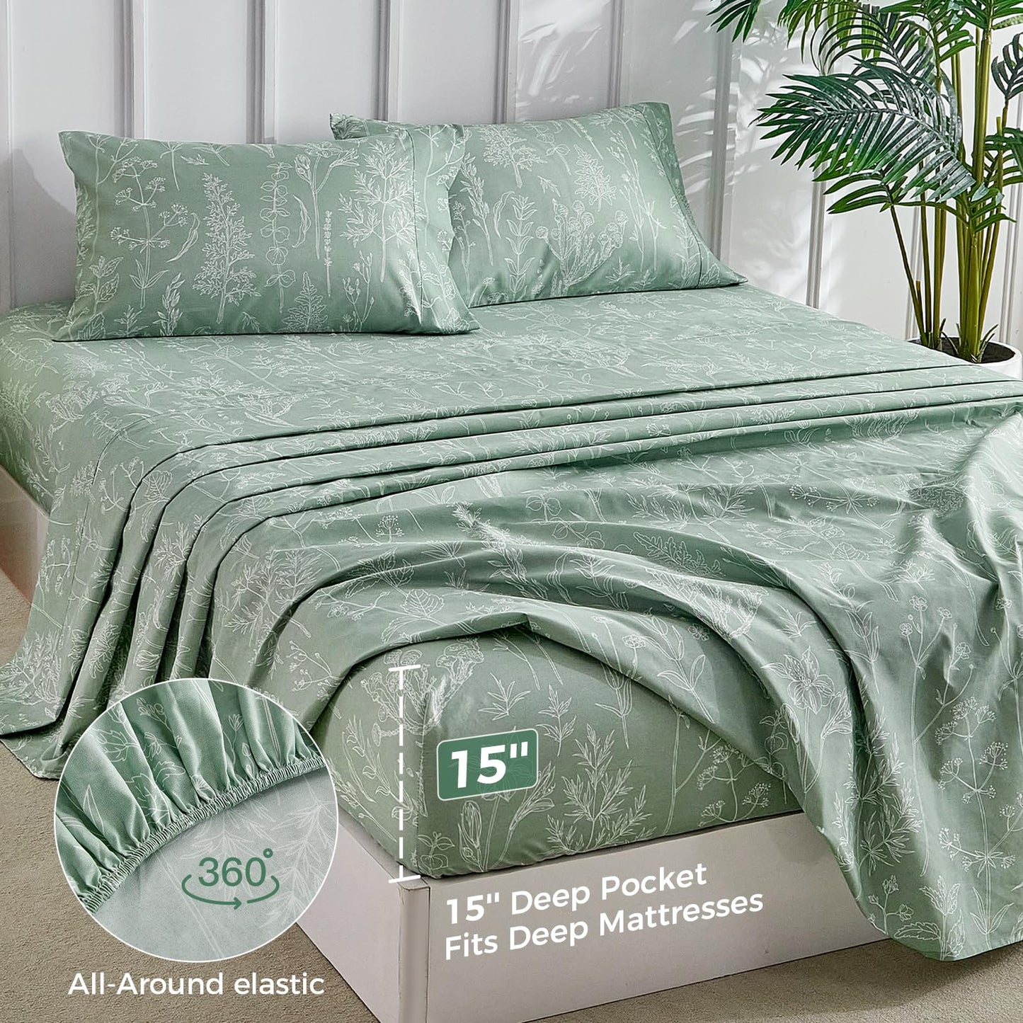 Tokokimo Floral Sheets Set King Size, 16 inches Deep Pocket Fitted Sheet, Flat Sheet & Envelope Closure Pillowcases, Soft Breathable Microfiber Sheet Set 4-Piece, Green and White Leaf Floral