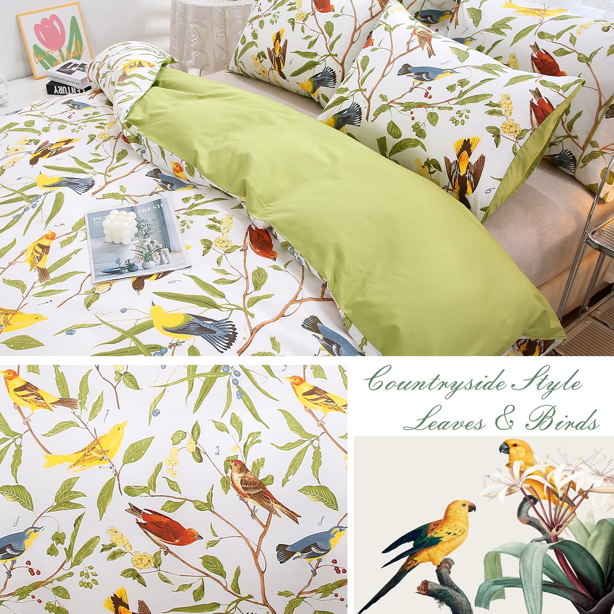 URBONUR Birds Duvet Cover Set Twin Size, 100% Cotton Cute Bird Comforter Fall Leaf Printed Bedding Set for Kids Children, Breathable Duvet Cover Sets Bedding 3 Pc