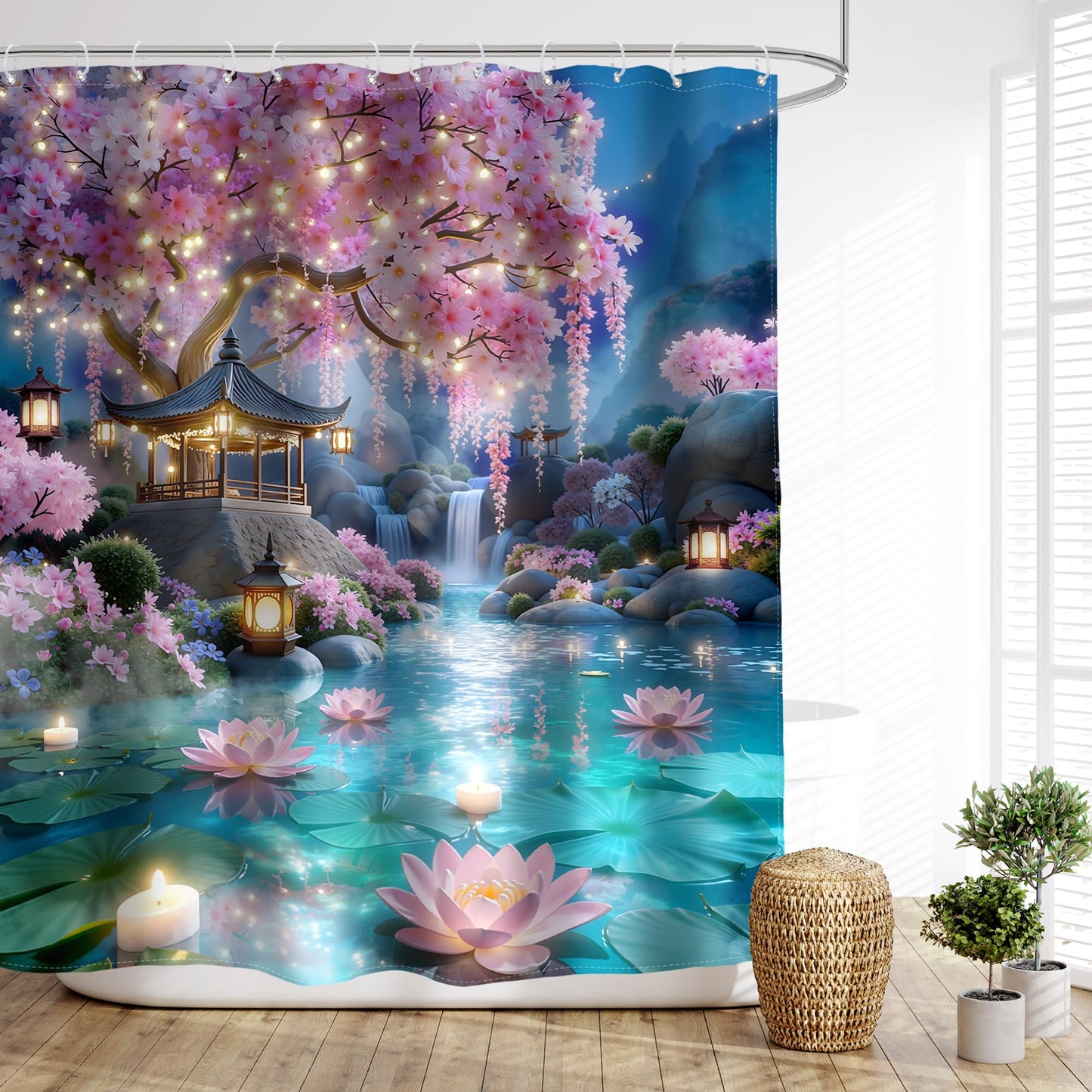 Glawry Japanese Shower Curtain 60Wx72L Inches Pink Floral Cherry Blossom Spring Night Nature Waterfall Lotus Asian Aesthetic Bathroom Accessories Art Home Decor Fabric 12 Hooks