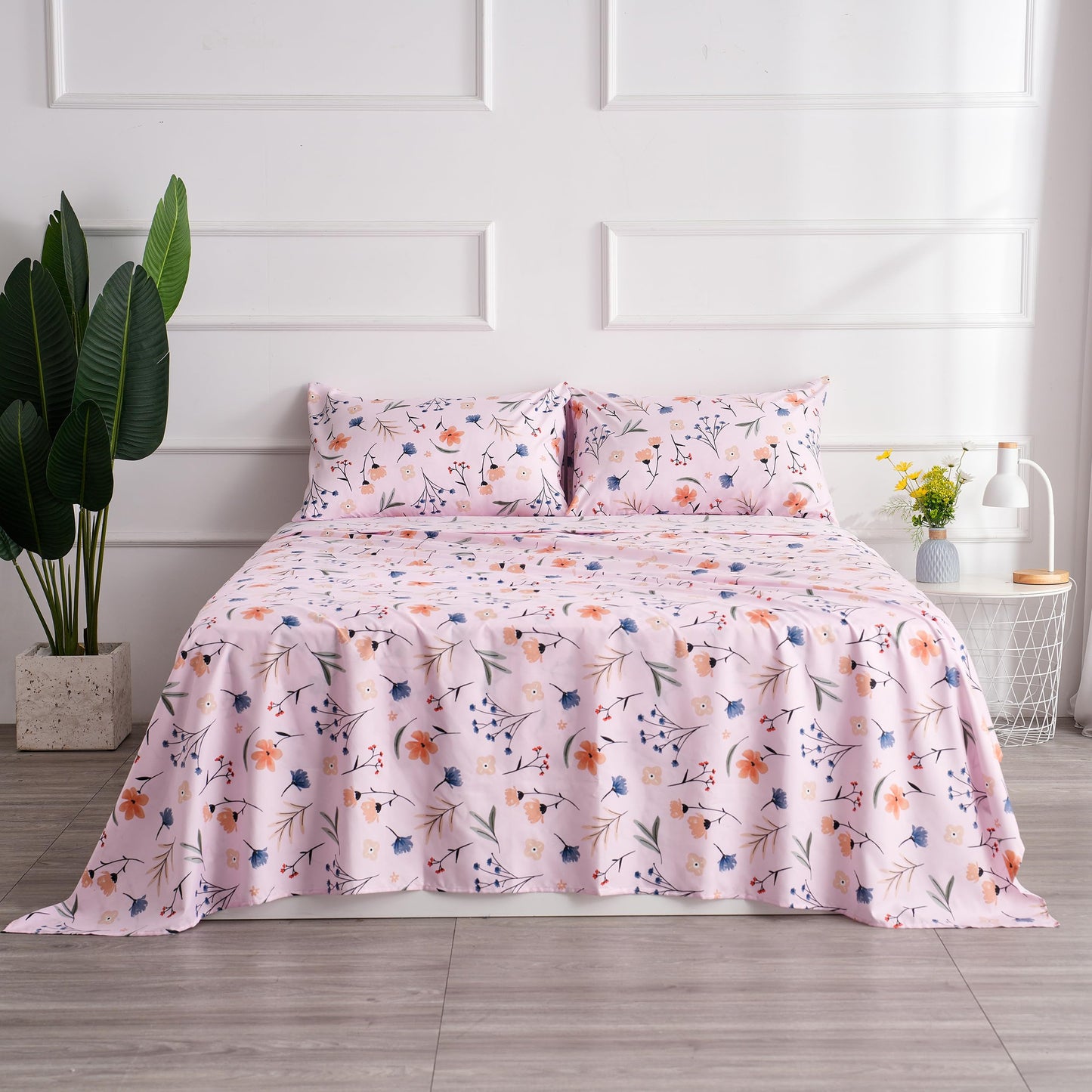 Pink Queen Sheets Set Flower Bed Sheets 4 Piece - Pink Botanical Patterned Sheets Microfiber Bedding Decor - Breathable & Durable Queen Sheet Set Up to16 Inches Deep Pocket Queen Bed Sheets