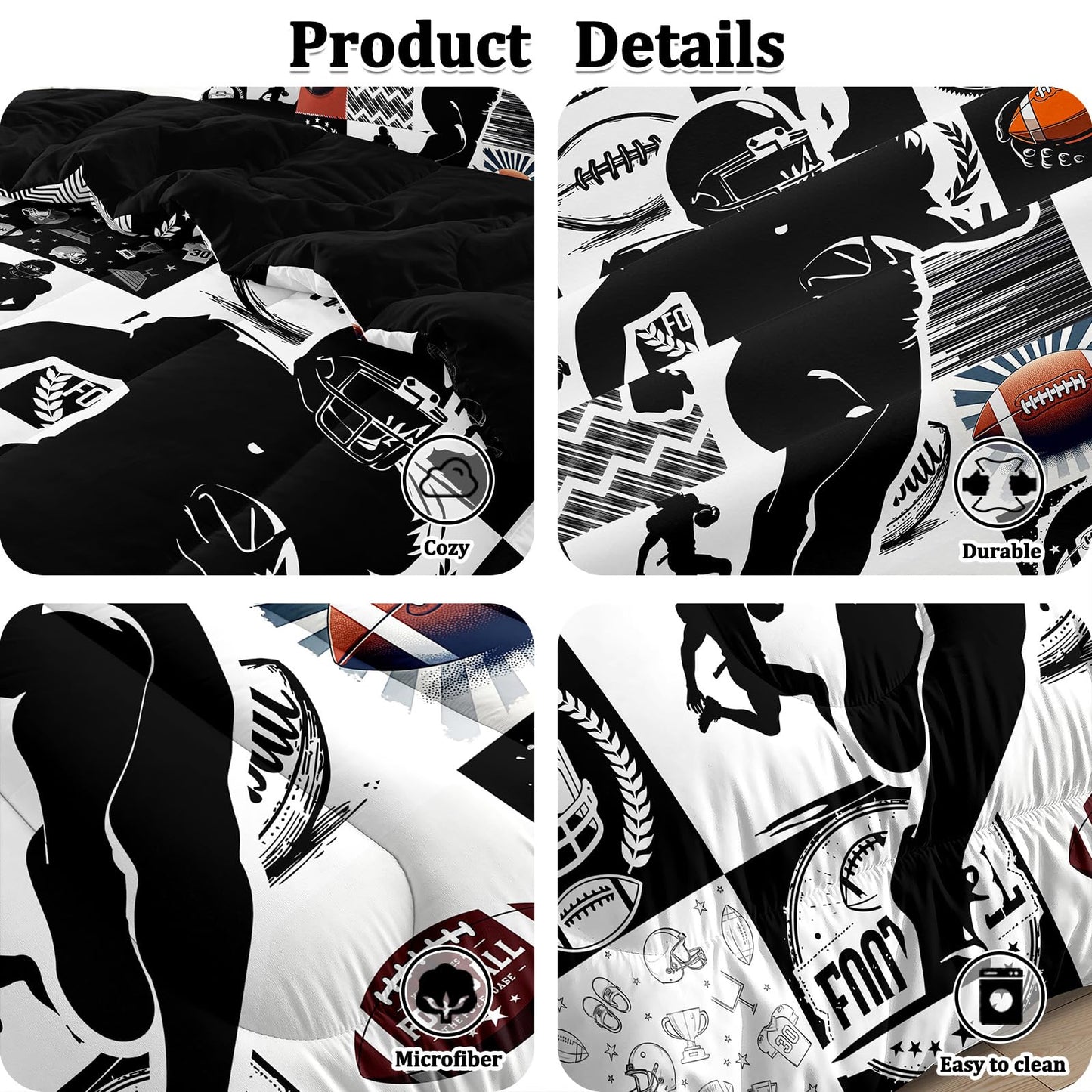 HICAND 5 Pcs Football Full Bedding Set for Boys Teens, Full Size Sports Cool Football Boys Comforter Set with Sheets