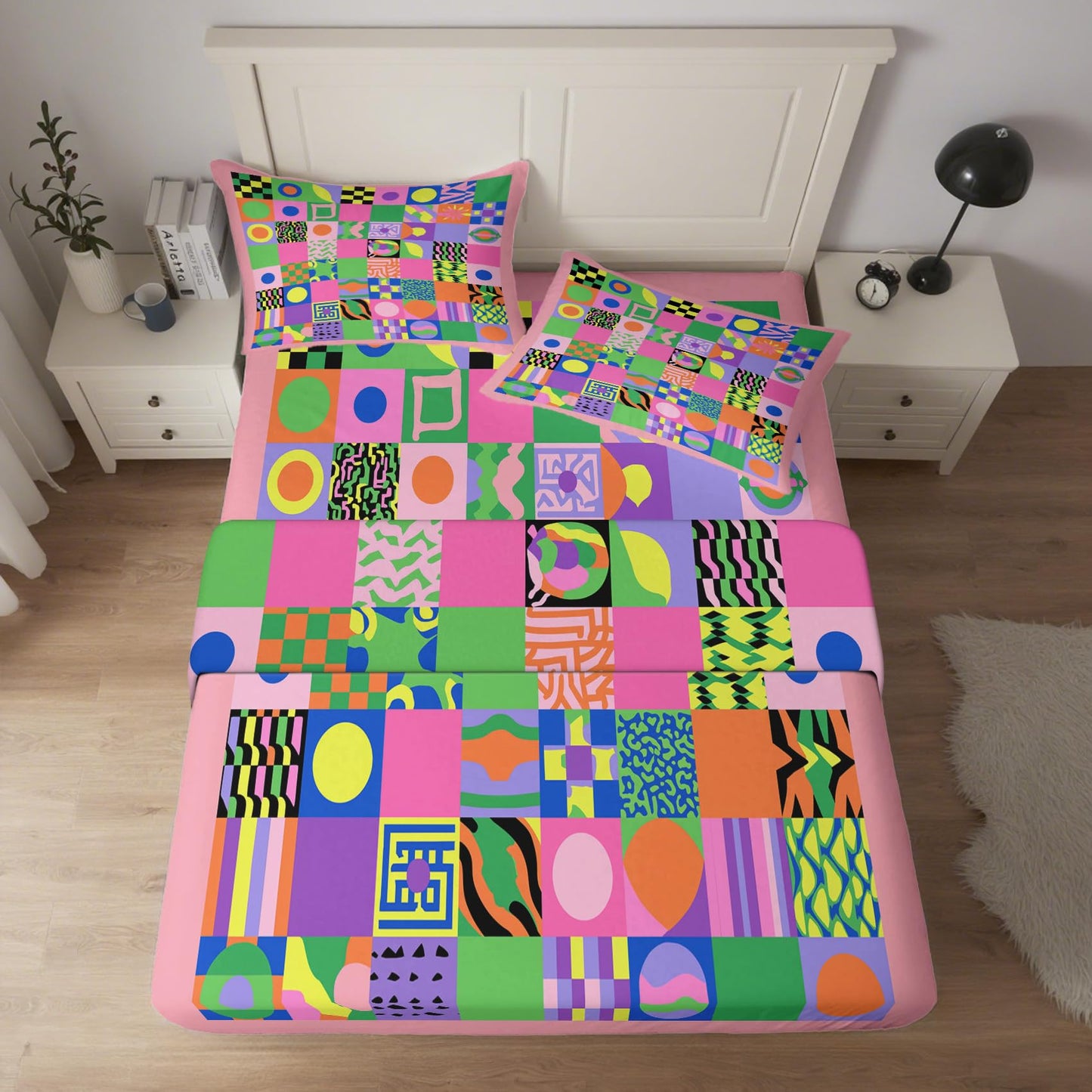 NOGAWA Retro Geometric Sheets King, Colorful Bed Sheets, 70s Bedding Sheets, Soft Microfiber Deep Pocket Fitted Sheet, Flat Sheet, 2 Pillowcases