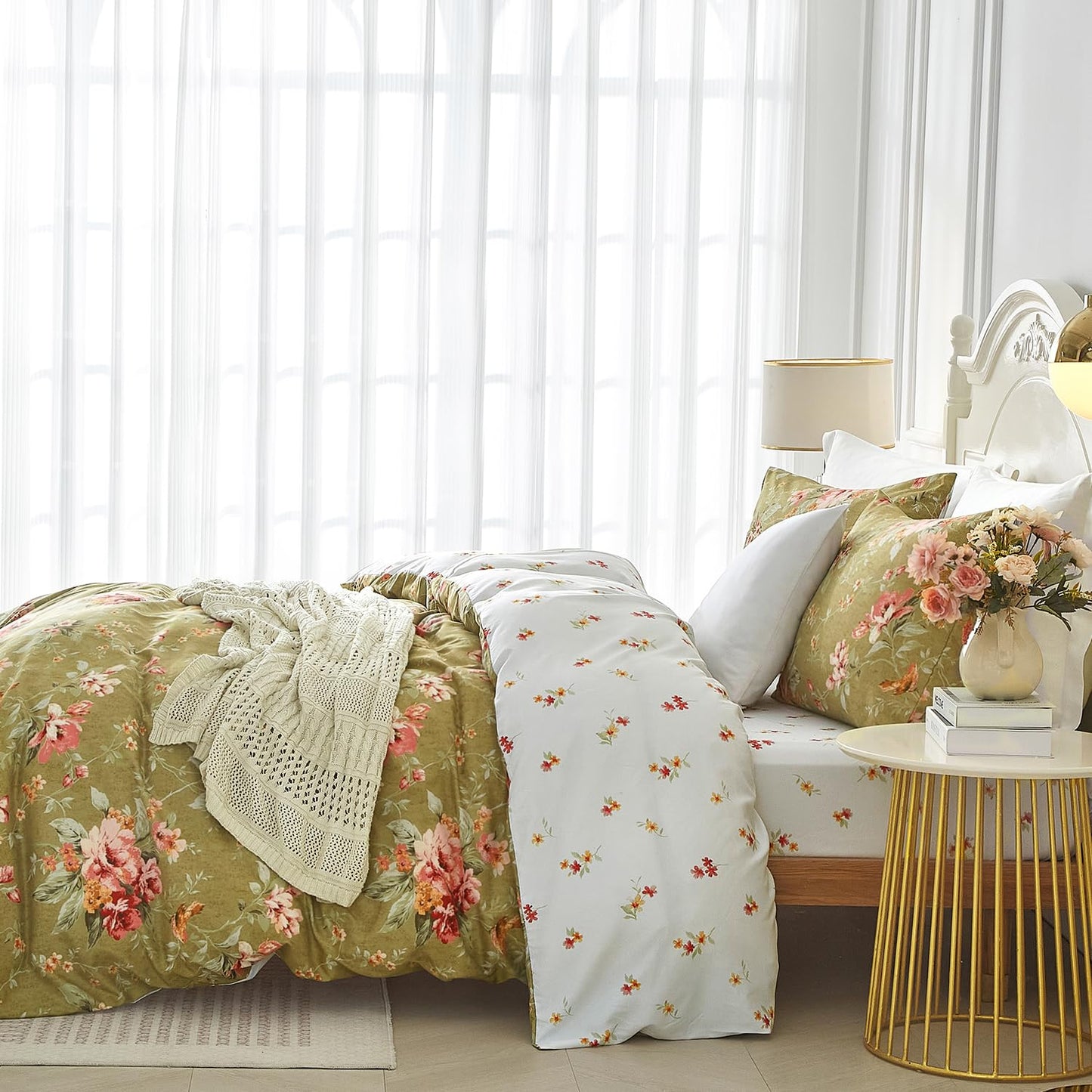 mixinni Duvet Cover King Size, Long Staple Cotton Reversible Green Floral Duvet Cover Set with Zipper Ties, 3 Pieces Botanical Pink Flowers and Green Branches Patterns Bedding Set