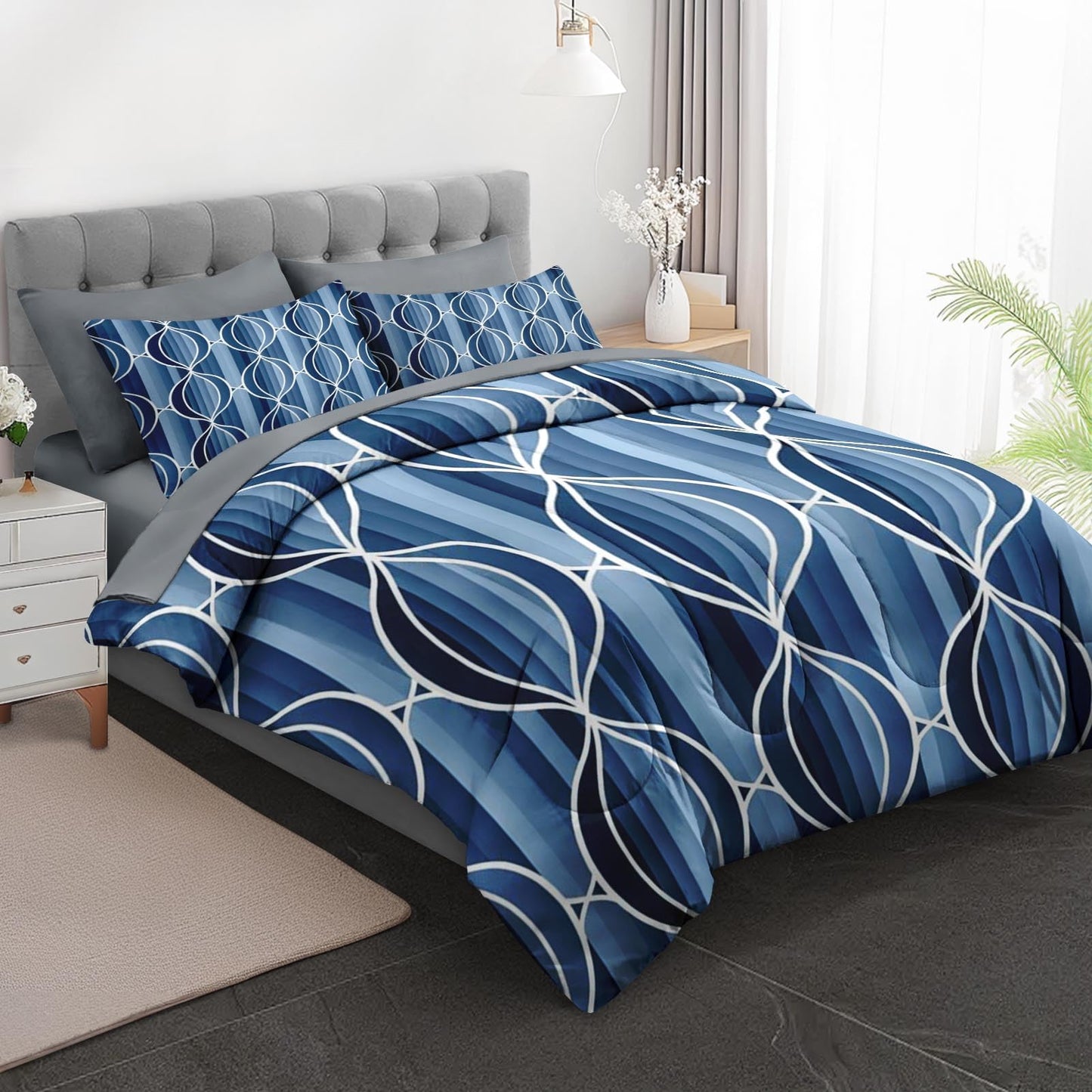 Boewywh Comforter Set Twin Size Geometric Blue Abstract 7 Pcs, Bedding for Kids and Adults, Modern Striped Bed Sheet Sets with Fitted Sheet 2 Pillowcases & 2 Shams for Bedroom Bed Decor