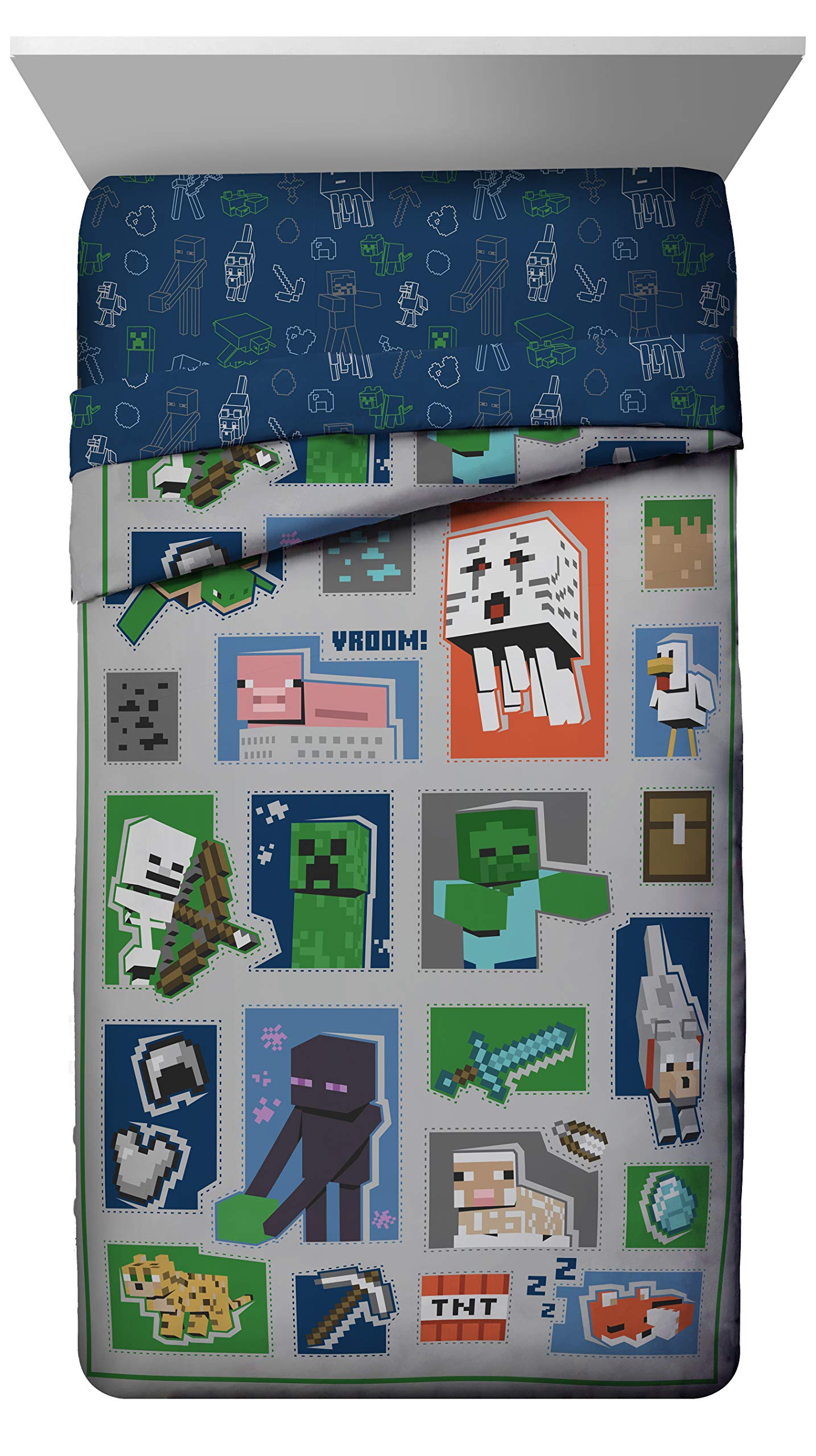 Jay Franco Minecraft 5 Piece Twin Bedding Set - Includes Reversible Comforter, Sheets and Pillowcases - Features Creeper, Ghost, Zombie and Enderman