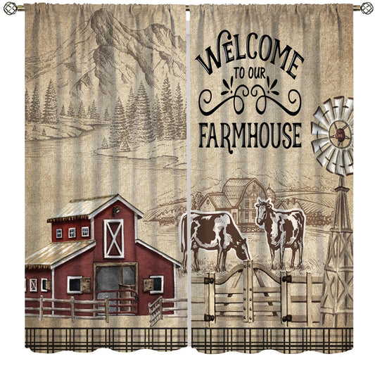 VUMIVI Farm Curtains Cows Windmill Fence Forest River Mountains Rustic Natural Landscape Rod Pocket Window Treatments for Bedroom Kitchen Living Dining Apartment Dorms Cafe 42" W X 44.5" L