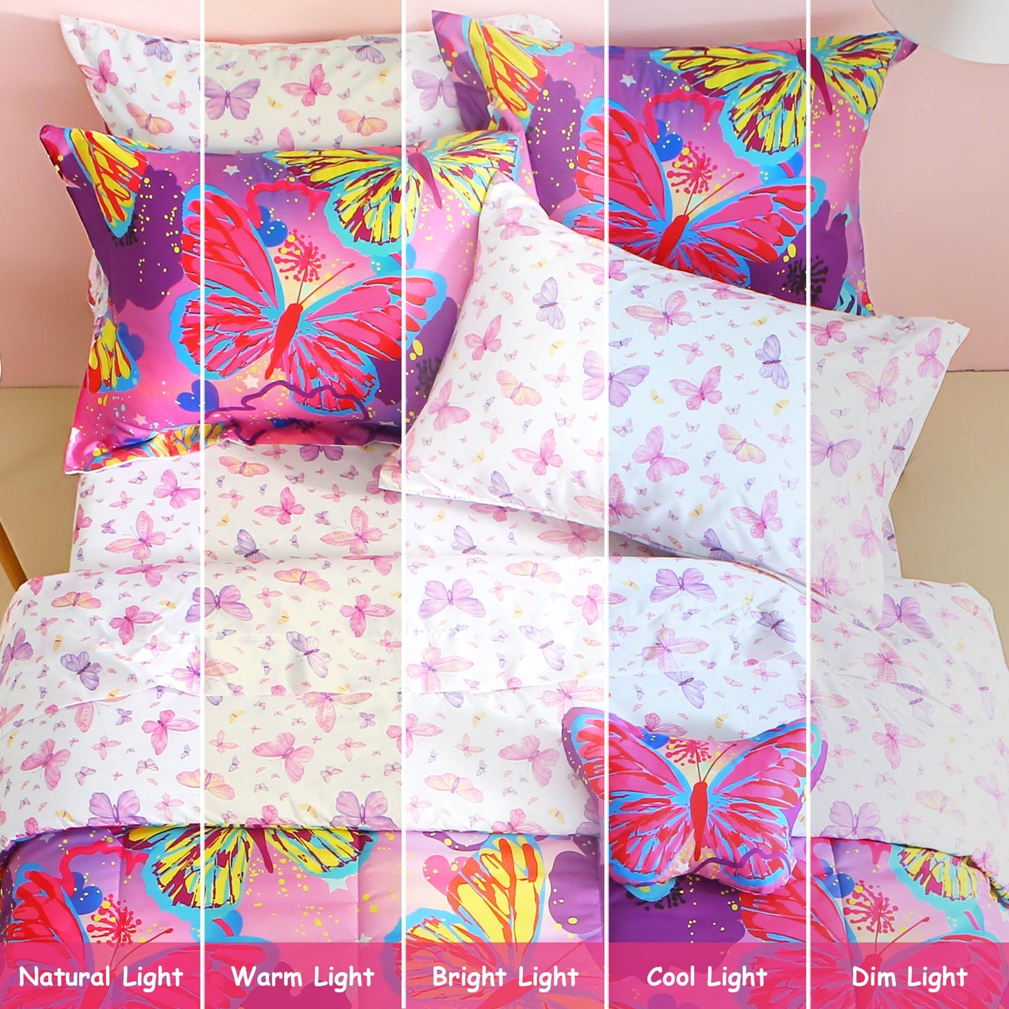 Mooreeke Kids Twin Comforter Sets for Girls 6 Pieces Pink Purple Bedding Set for Teens Microfiber Butterfly Kids Bed in A Bag with Comforter, Sheet Set, Shams and Decorative Toy Pillow