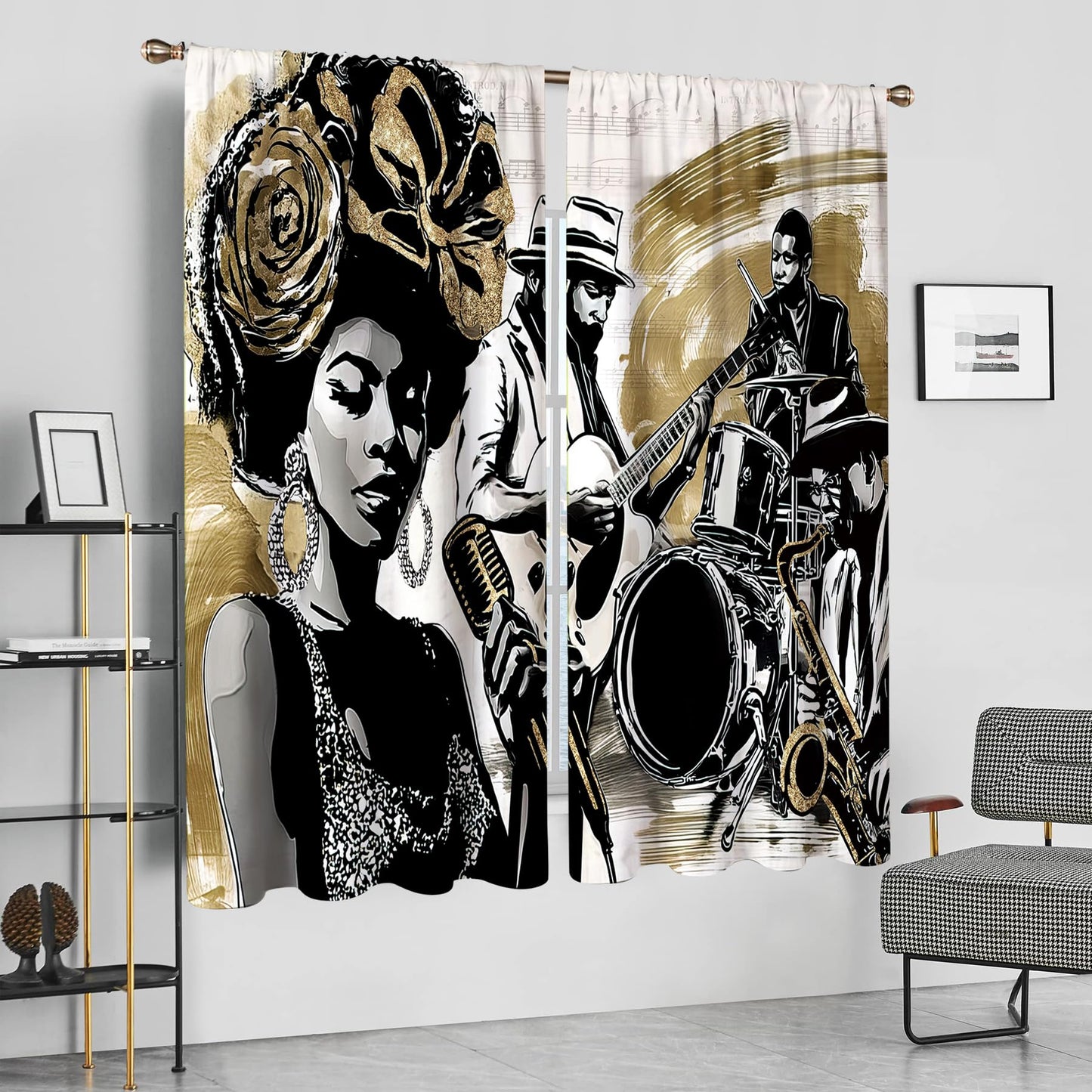 Glioown African American Window Curtains, Jazz Music Light-Filtering Drapes for Living Room Bedroom, Hippie Band Rod Pocket Window Treatments (2 Panels, 42 x 63 in)