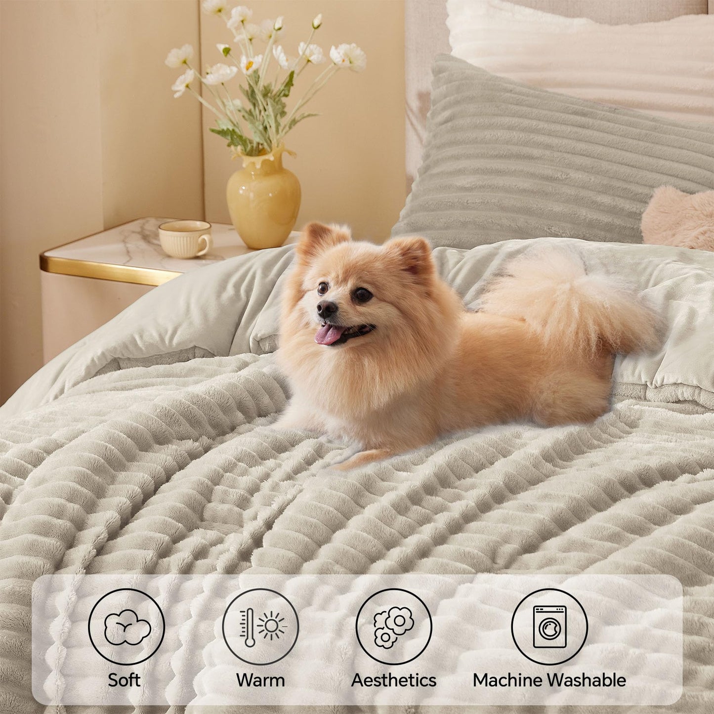 BEDELITE Fleece Queen Comforter Set -Super Soft & Warm Fluffy Linen Bedding, Luxury Fuzzy Heavy Bed Set for All Season with 2 Pillow Cases