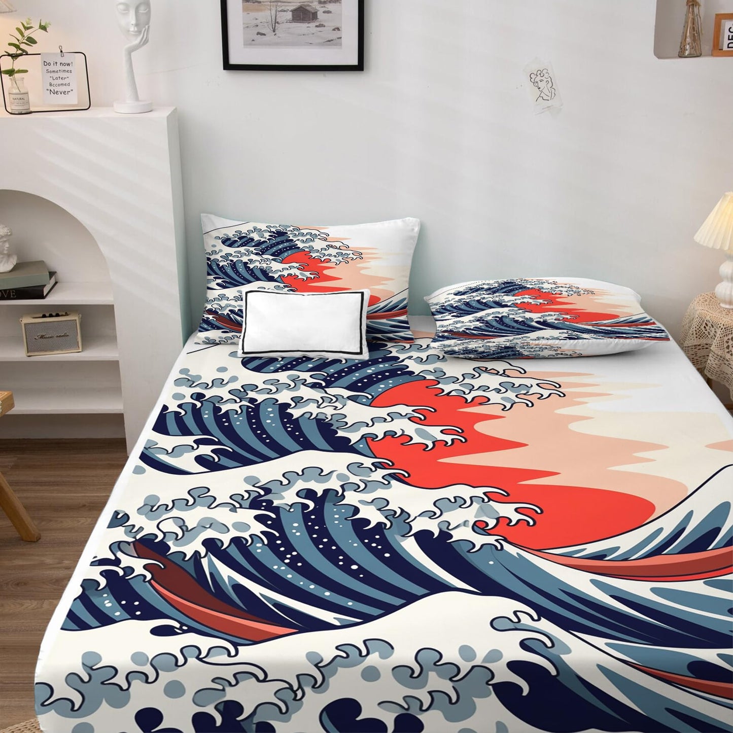 Japanese Wave Sheets King Sheet Sets - Hokusai Bed Sheets, Soft Microfiber & Deep Pocket & Wrinkle Free Patterned Bedding Sheets & Pillowcases, 4 Piece ( 1 Fitted Sheet, 1 Flat Sheet, 2 Pillow Cases )