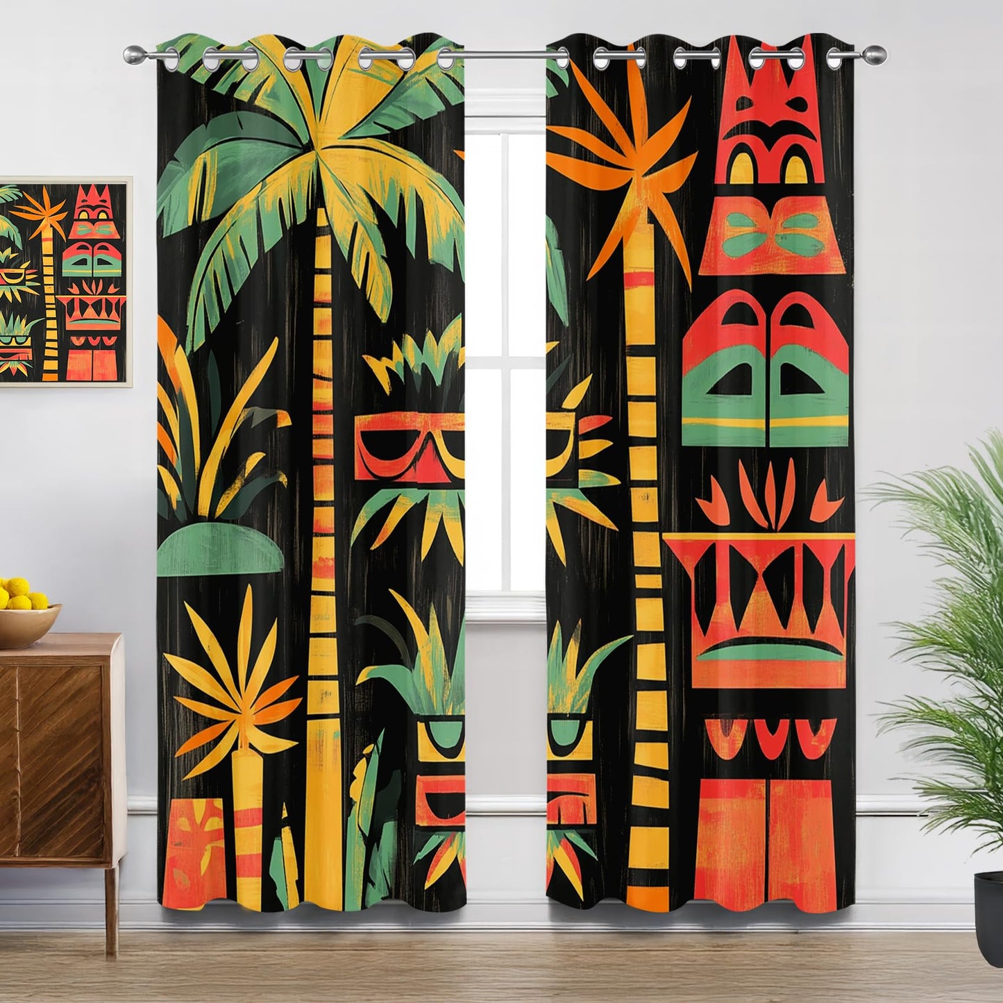 Solvivae Tropical Blackout Curtains for Bedroom Living Room, Palm Tree Tiki Mask Hawaiian Patterned Window Treatments, Room Darkening Thermal Insulated Grommet Drapes, 54 Inch Curtains 2 Panel Set