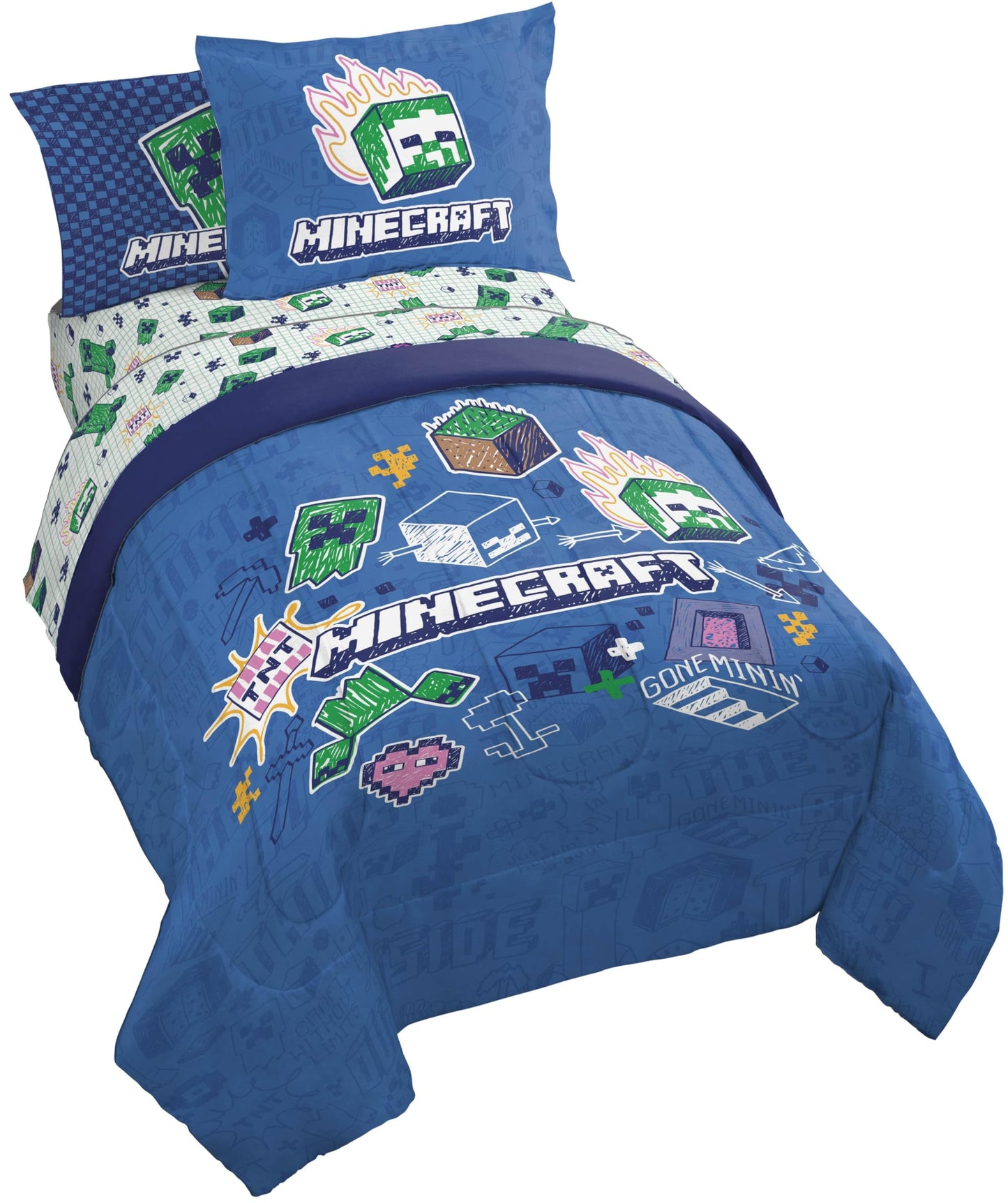 Jay Franco Kids Comforter Set Includes Sheets and Pillow Covers - Soft and Cozy Bed Set for Stylish Room Decor, Blue - Minecraft 02, 5 Piece Twin Bedding