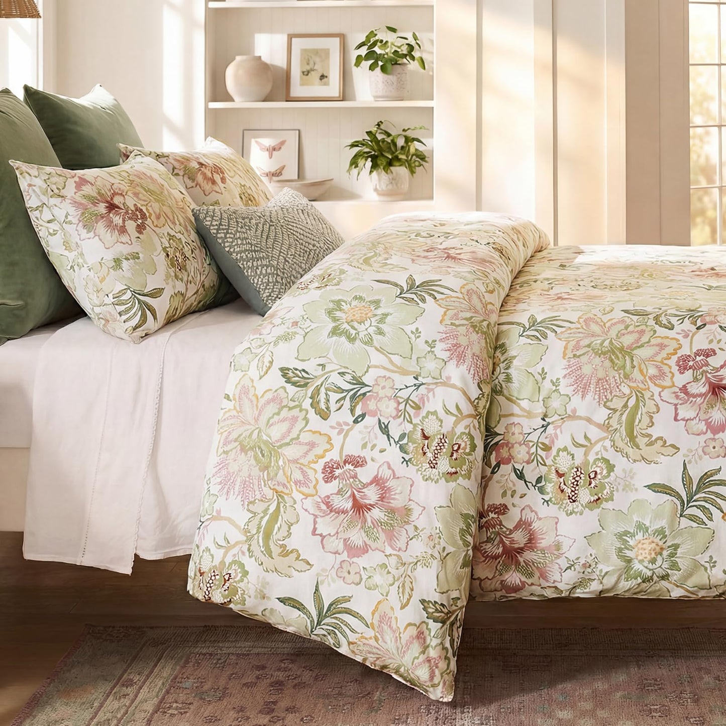 Bedorm 100% Cotton Duvet Cover Set Botanical Floral Bedding Queen Pink Flower Green Leaf French Country Bedroom Decor Soft & Durable Duvet Cover with Zipper Closure and Corner Ties