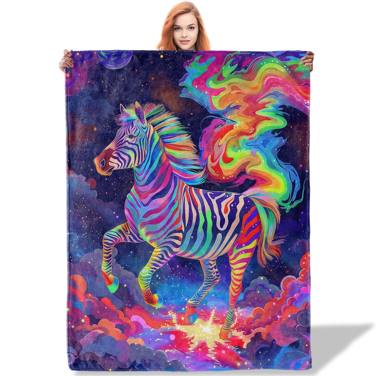 Plistiz Rainbow Zebra Throw Blanket 50"x60", Animals Theme Blankets for Living Room Couch, Home, Sofa Decor, Soft Flannel Zebra Gifts for Women