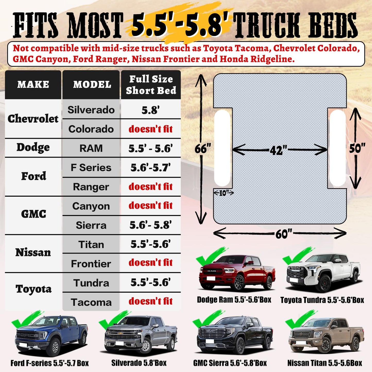 Umbrauto Inflatable Truck Bed Air Mattress for Full Size Short Truck Beds, 5.5-5.8ft, with Pump & Carry Bag. Perfect for Outdoor Adventures