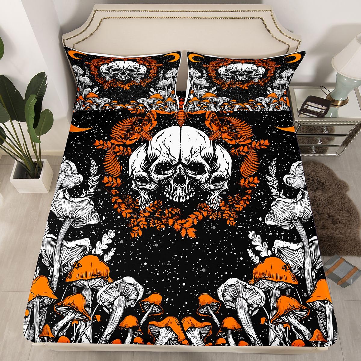 Erosebridal Gothic Skull Sheet & Pillowcase Sets Halloween Bed Sheets Aesthetic Mushroom Sheet Set Queen Hippie Moon Phase Sheets Cosmos Celestial Bed Sets for Kids Teens Room Decor