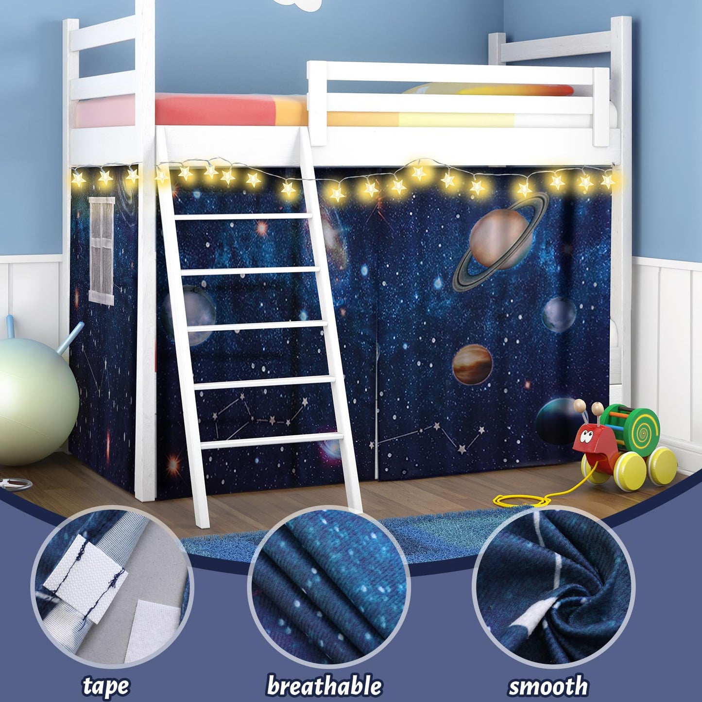 Frienda Galaxy Loft Bed Tent Curtain Set 75 x 36 x 41.5 Inches Space Bunk Bed Tent with String Light Galaxy Blackout Curtains Decoration for Home Bedroom Dorm Privacy Protection Decoration