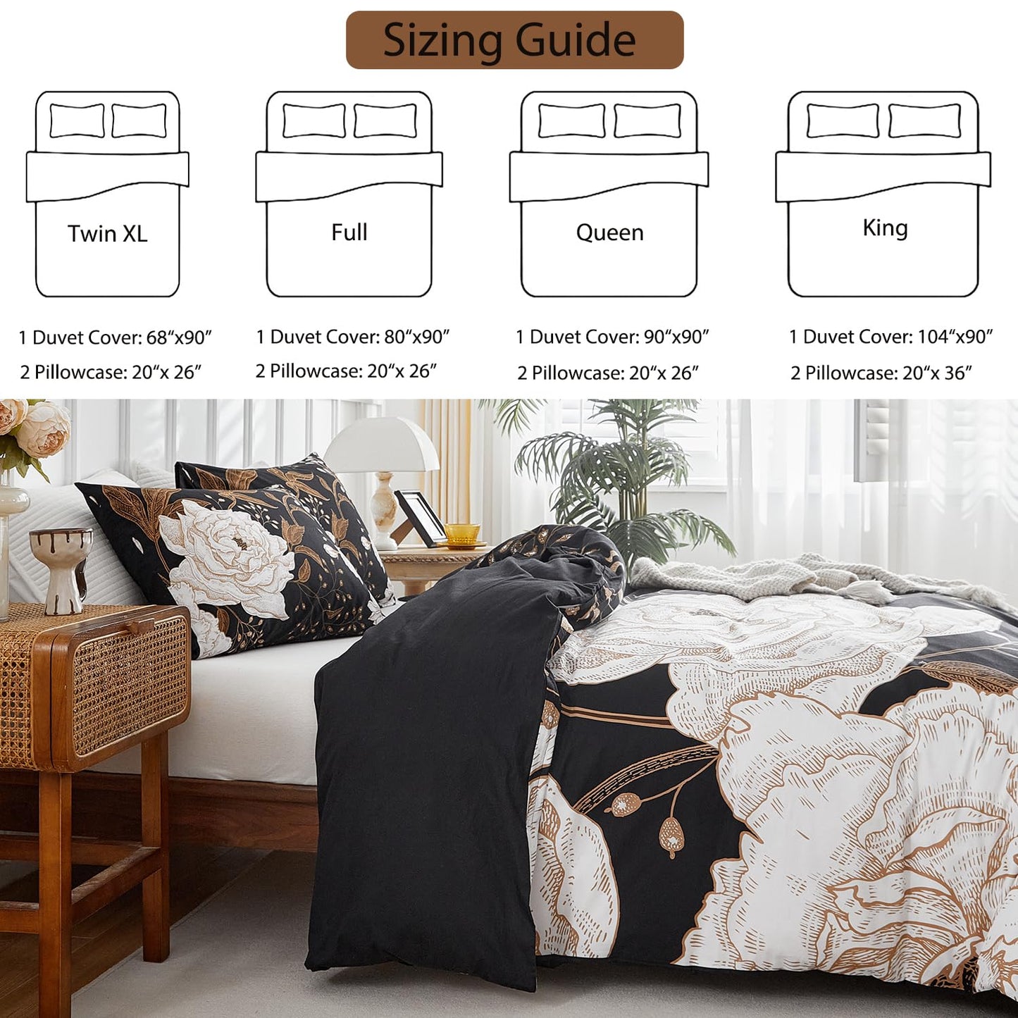 mixinni Floral Duvet Cover King Size, 3 Pieces White Flowers and Gold Leaves Printed on Black Bedding Set, Soft Premium Cotton Reversible Elegant Floral Duvet Cover Set for All Season-King Size