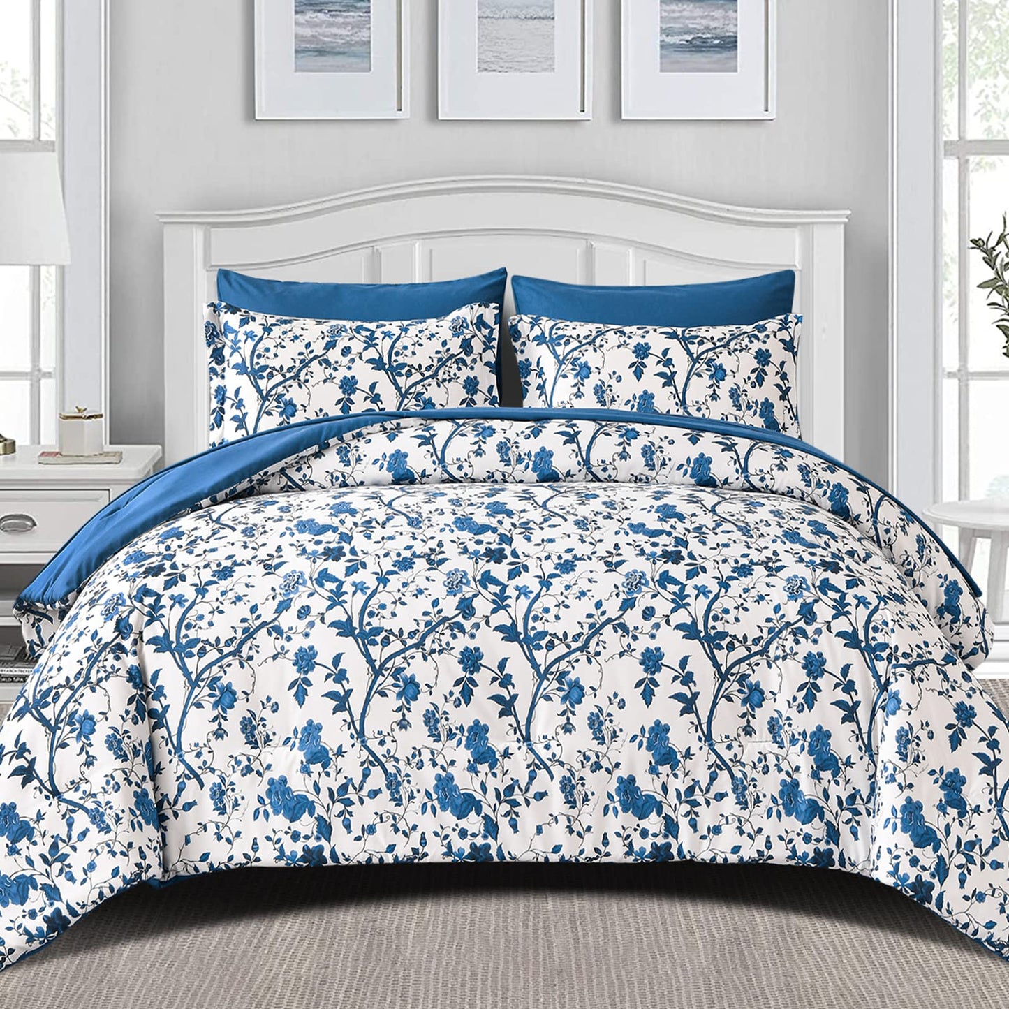 LLDSYW Comforter Set for Queen Bed -7 Pieces Bed in a Bag Soft Microfiber Bed Set Blue Leaves Floral Pattern on White Spring Queen Comforter Sets with Sheets for All Seasons (Queen, Blue)